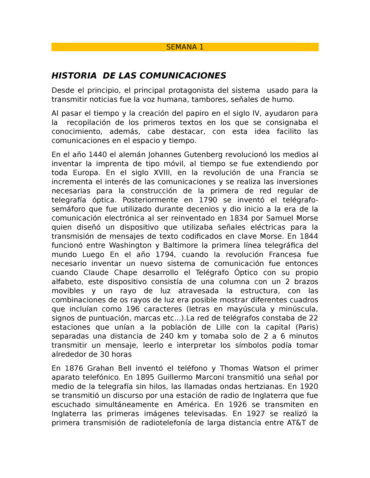 HISTORIA DE LAS COMUNICACIONES SEMANA 1 - SEMANA 1 HISTORIA DE LAS ...