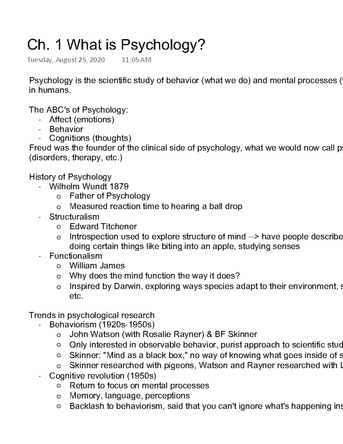 Ch 1 What Is Psychology Psychology Is The Scientific Study Of 