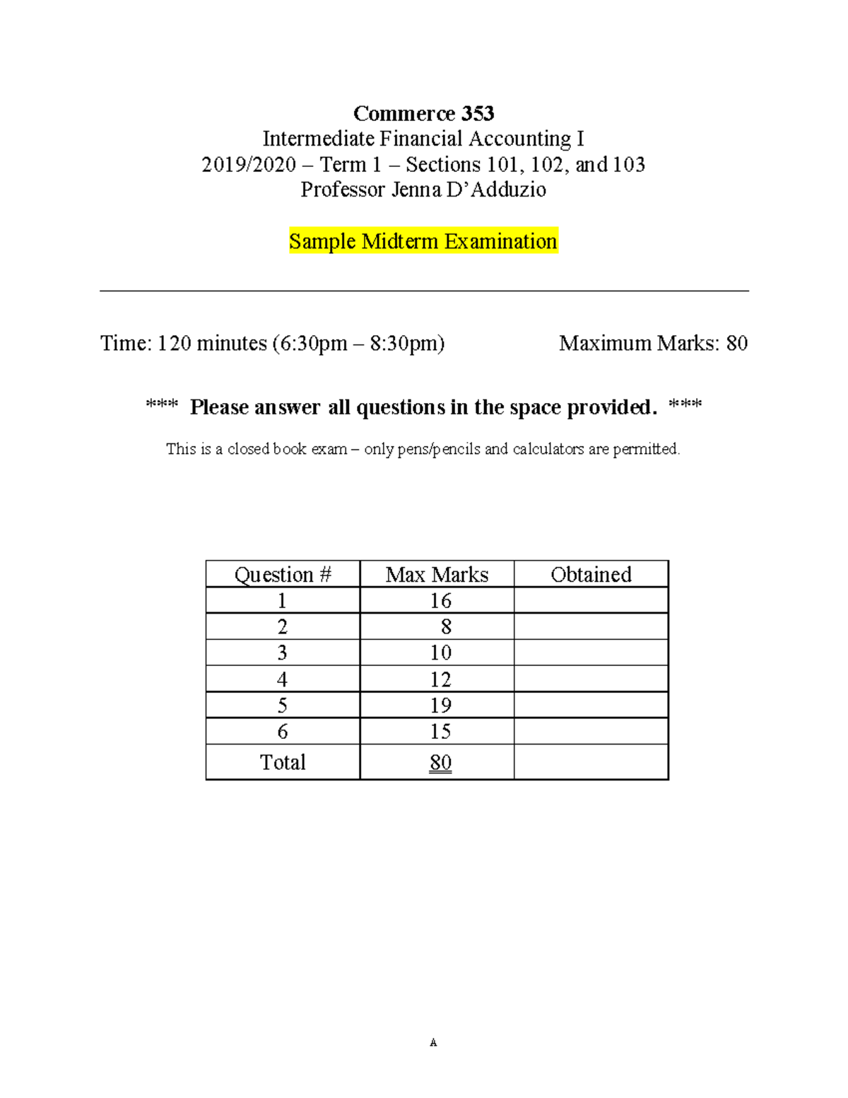 Sample-Midterm Exam Oct2019 - A Commerce 353 Intermediate Financial ...