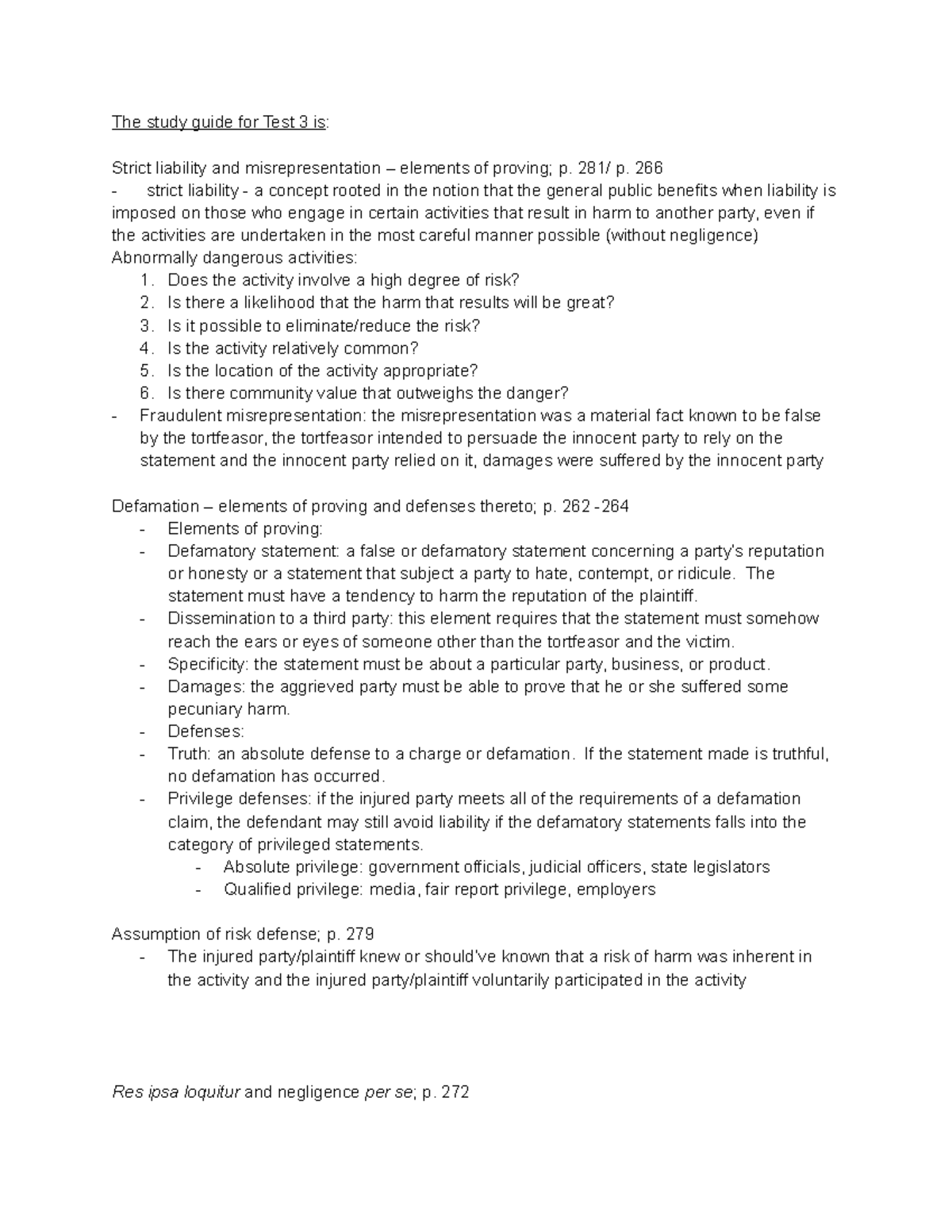Exam 3 Legals - The study guide for Test 3 is: Strict liability and ...