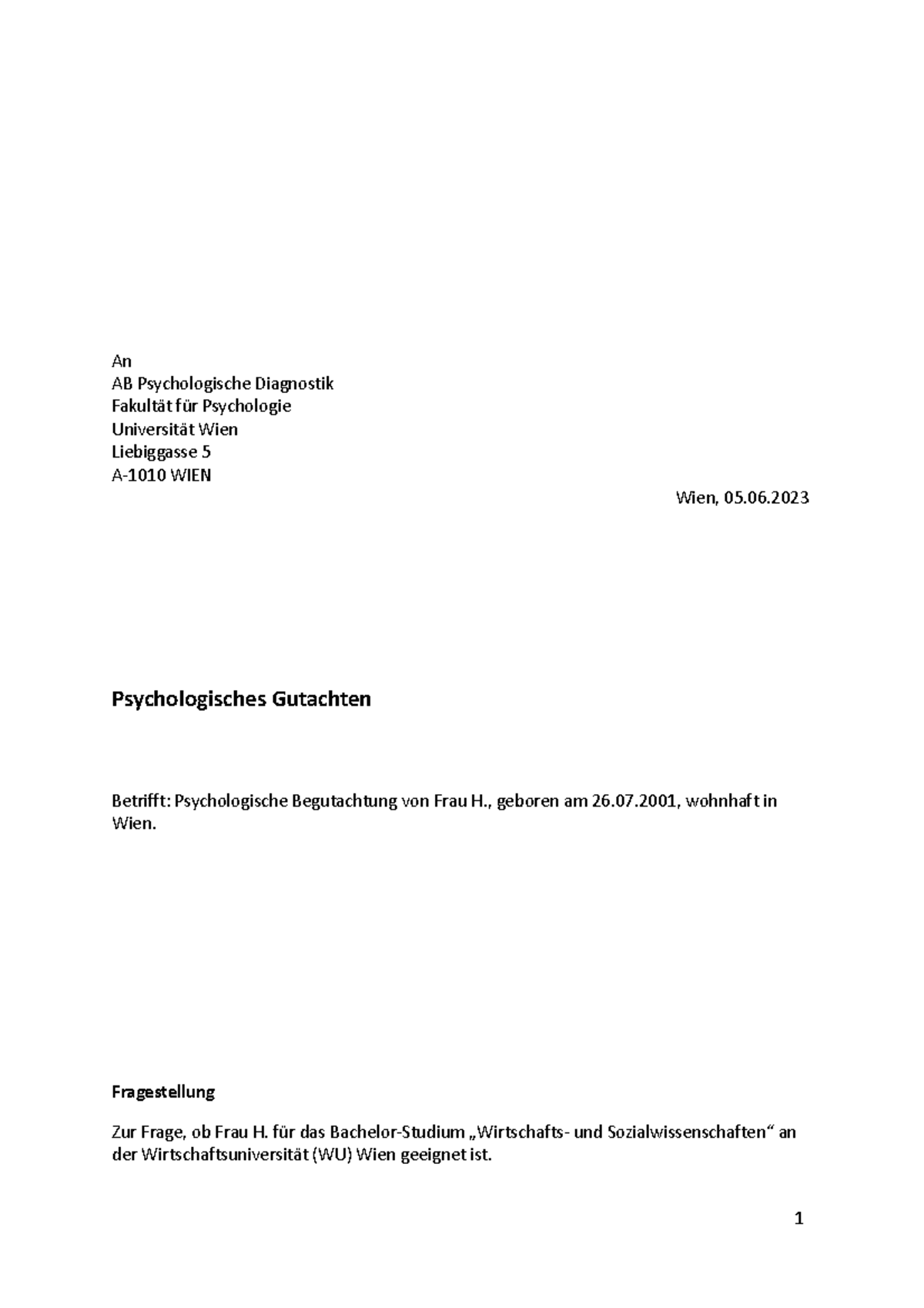 Psychologisches Gutachten Beispiel Fragestellung Psy gutachten - An AB Psychologische Diagnostik Fakultät für
