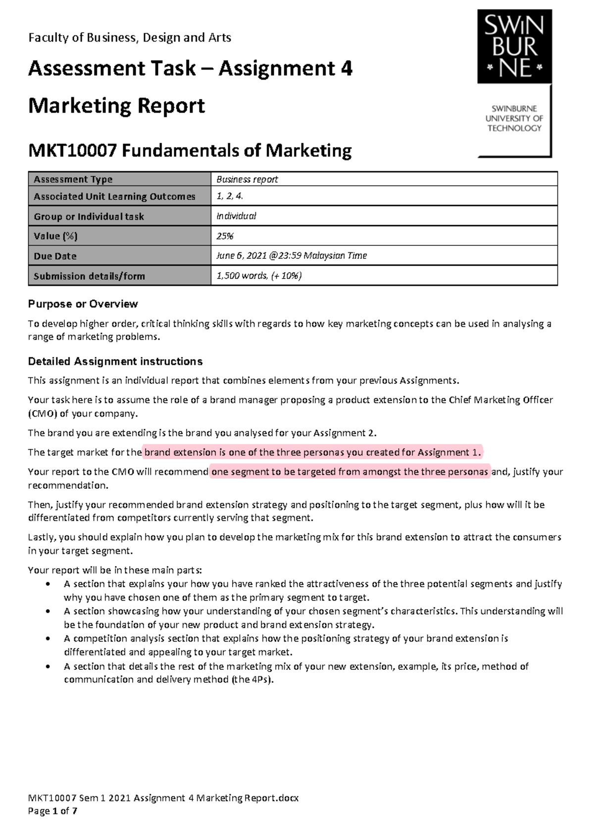 MKT10007 Sem 1 2021 Assignment 4 Marketing Report - MKT10007 Sem 1 2021 ...