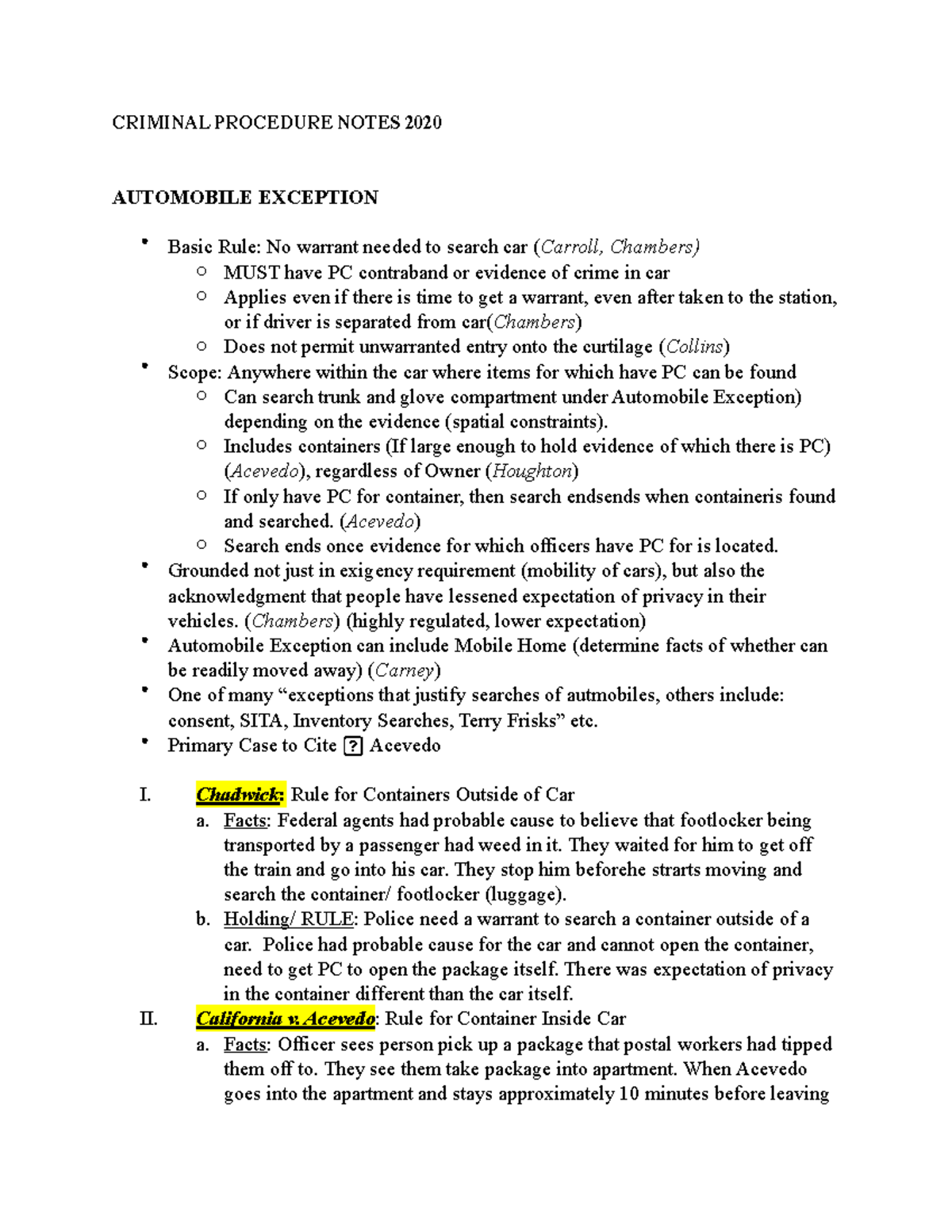Automobile Exception Cases ( Chadwick; Acevedo; Collins) CRIMINAL