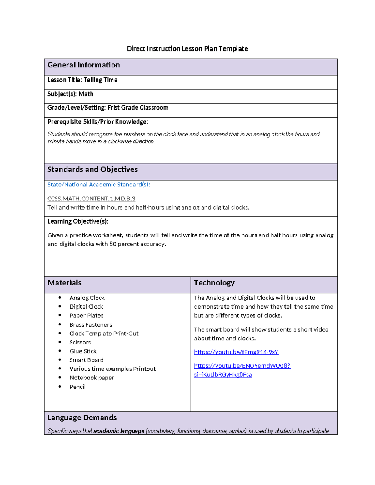 TASK 2 Lesson Plan - Direct Instruction Lesson Plan Template General ...