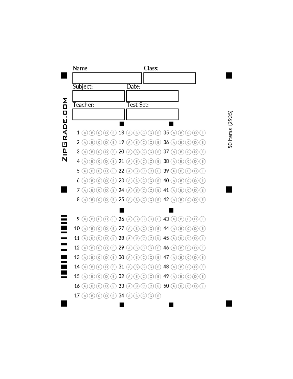 50-items-1 - Name Class: Subject: Date: Teacher: Test Set: 50 items ...