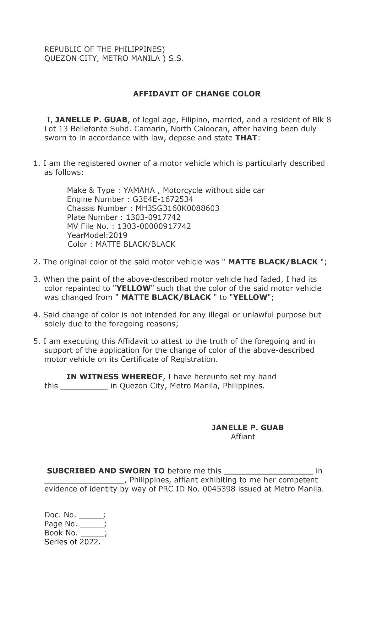 Affidavit OF Change COLR REPUBLIC OF THE PHILIPPINES QUEZON CITY 