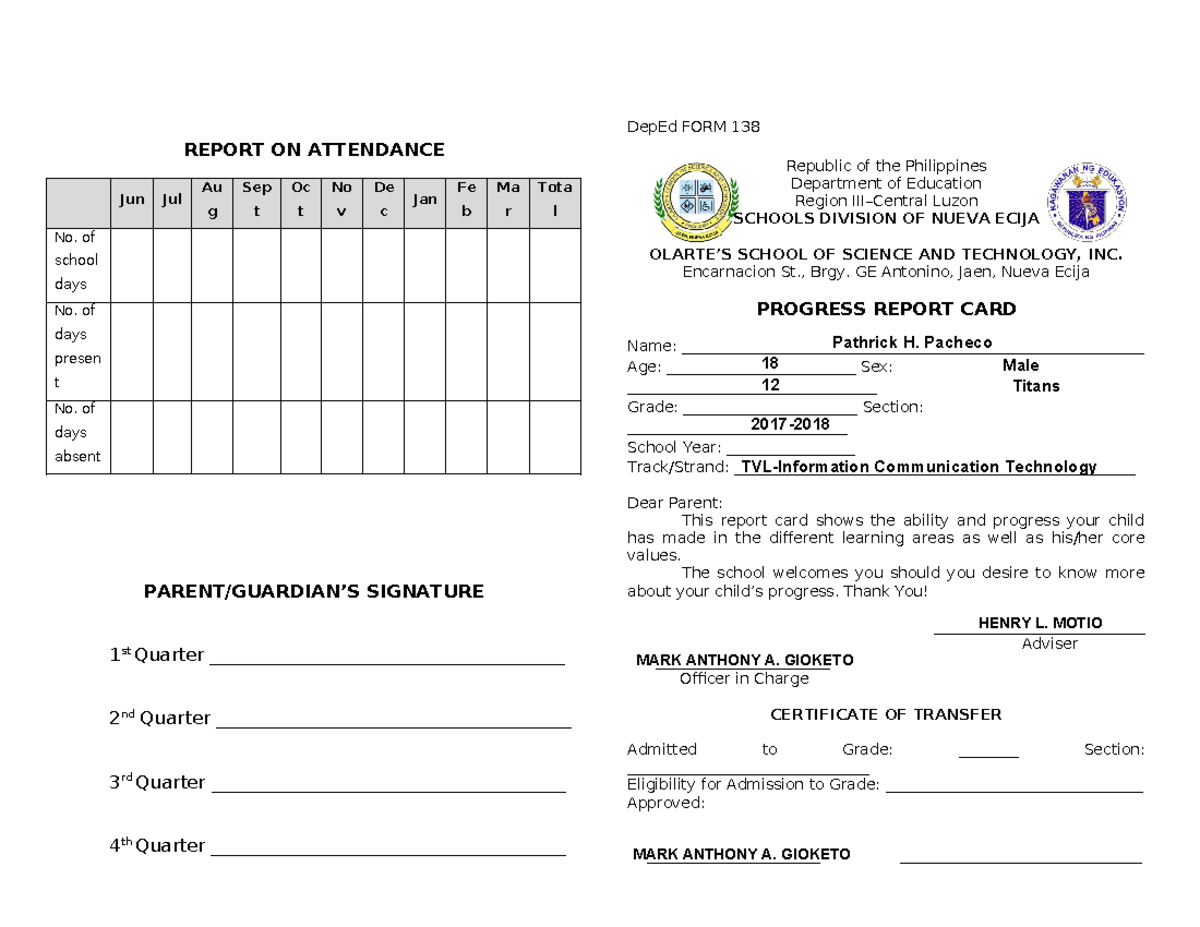 Dep Ed FORM 138 Grade 11 ICT - REPORT ON ATTENDANCE Jun Jul Au g Sep t ...