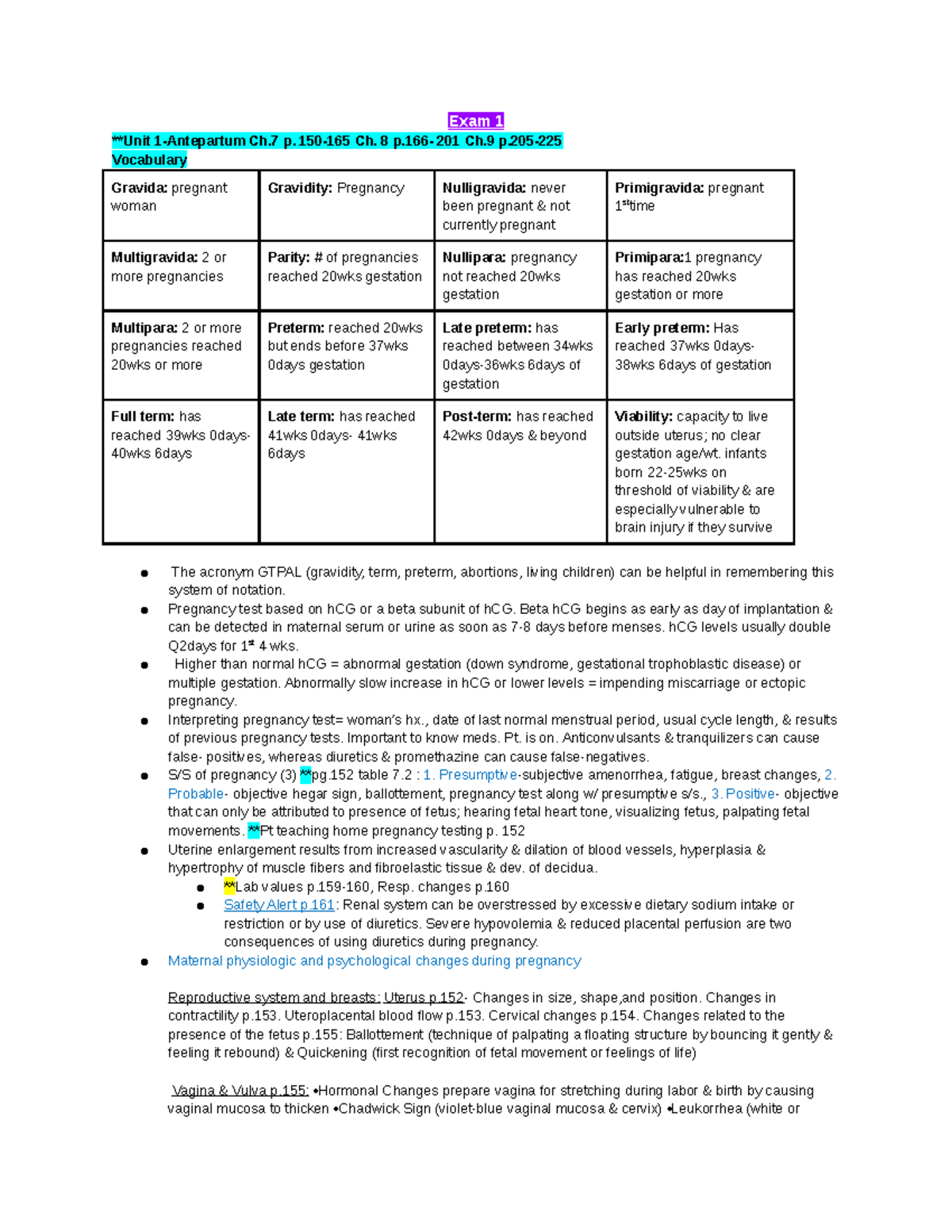 Exam 1 maternity 1 Lecture review Exam 1 **Unit 1Antepartum Ch p