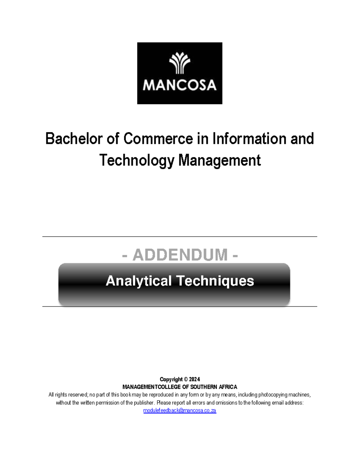 Analytical Techniques Addendum Jan2024 - Bachelor of Commerce in ...
