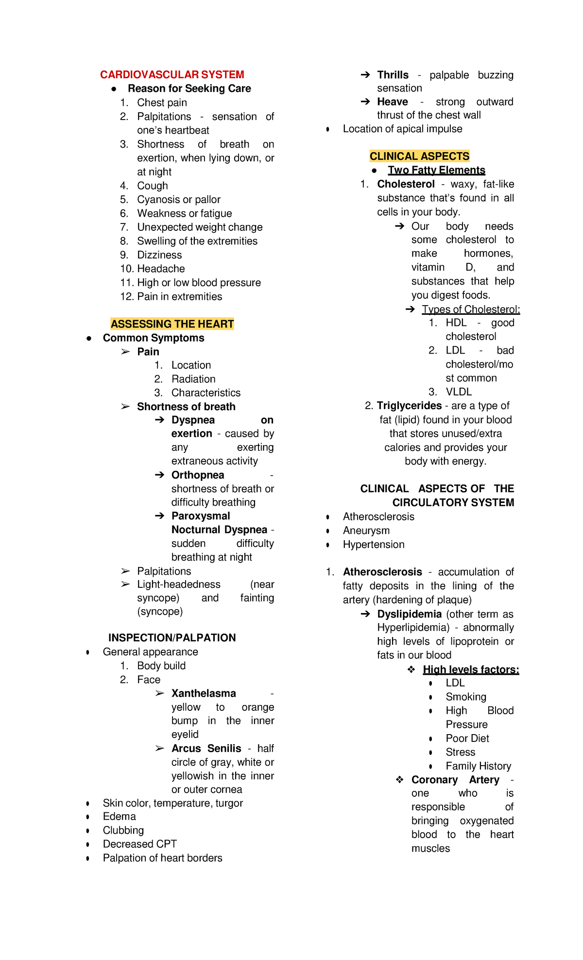 NUR CardioandGINotes1 CARDIOVASCULAR SYSTEM Reason for Seeking Care 1. Chest pain 2. Studocu