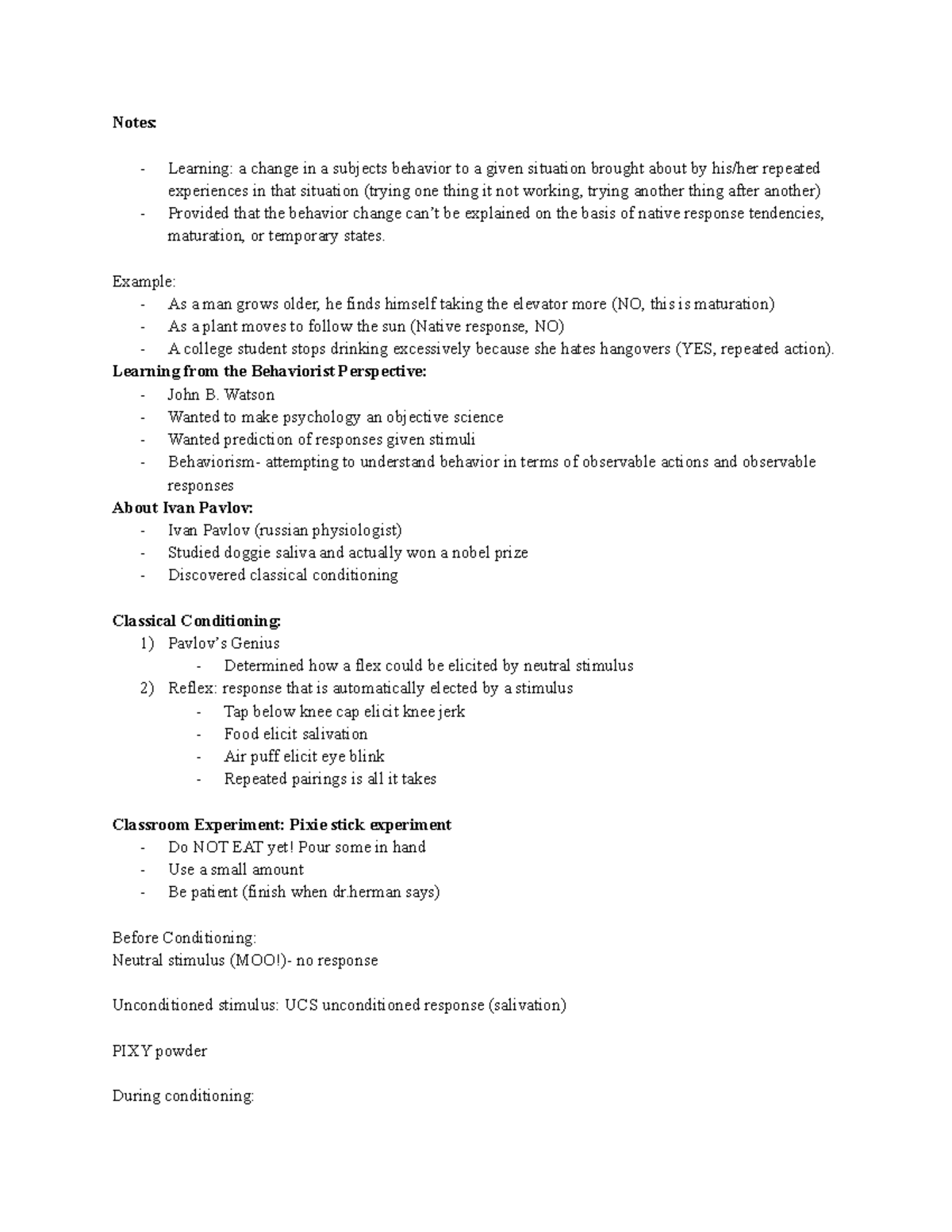 Learning Chapter 6 - Notes: Learning: a change in a subjects behavior ...