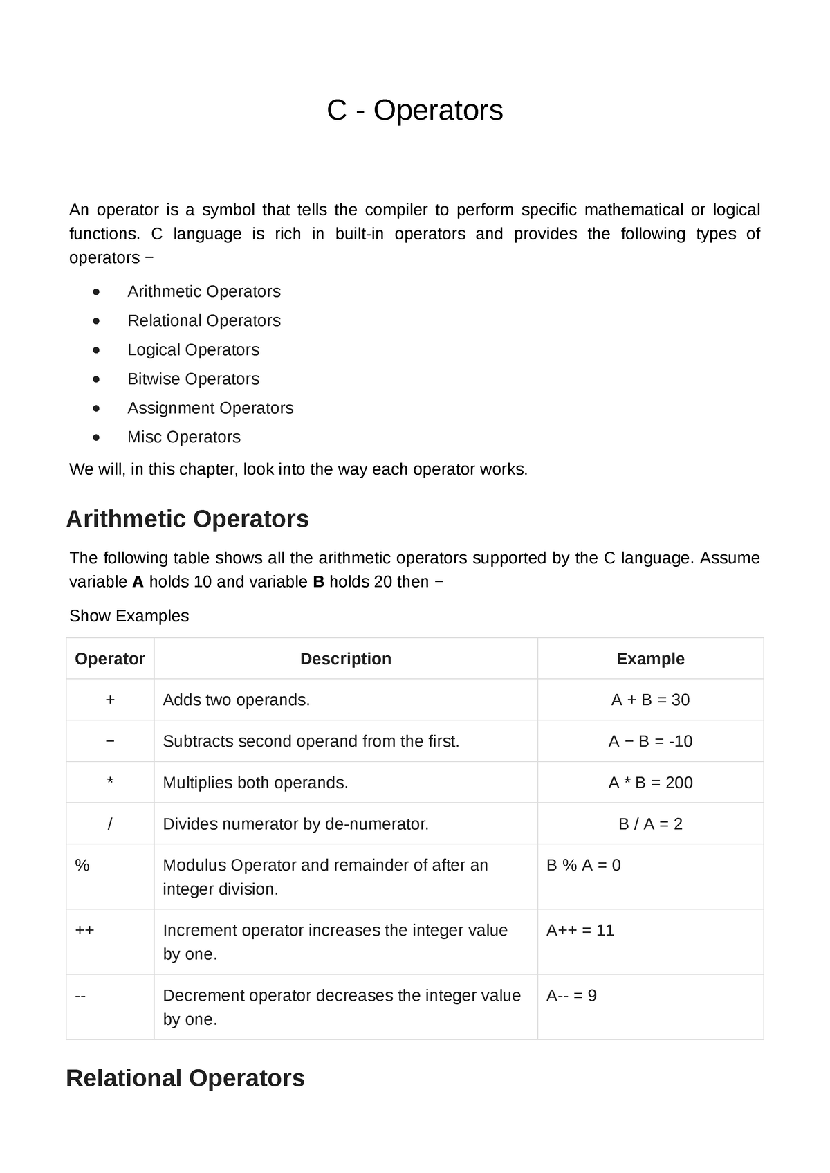 C Operators - C - Operators An Operator Is A Symbol That Tells The 