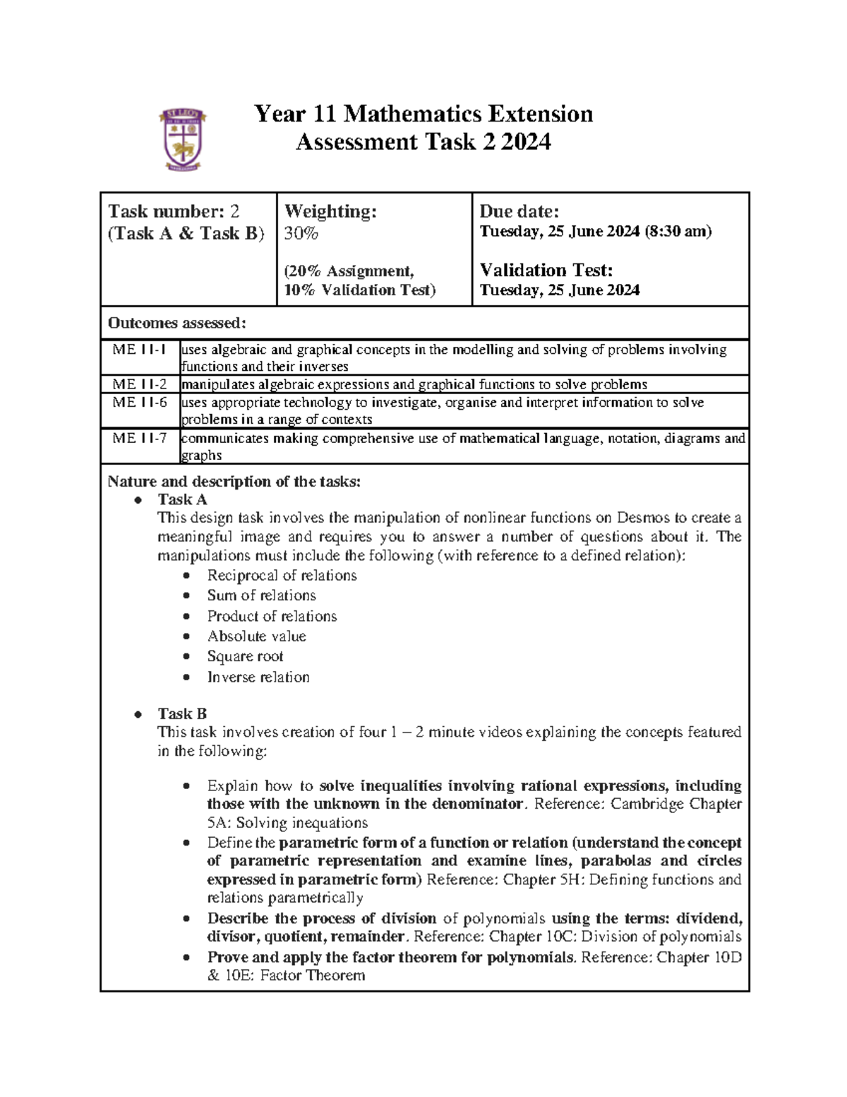 2024 Year 11 Extension Assessment Task 2 - Year 11 Mathematics ...
