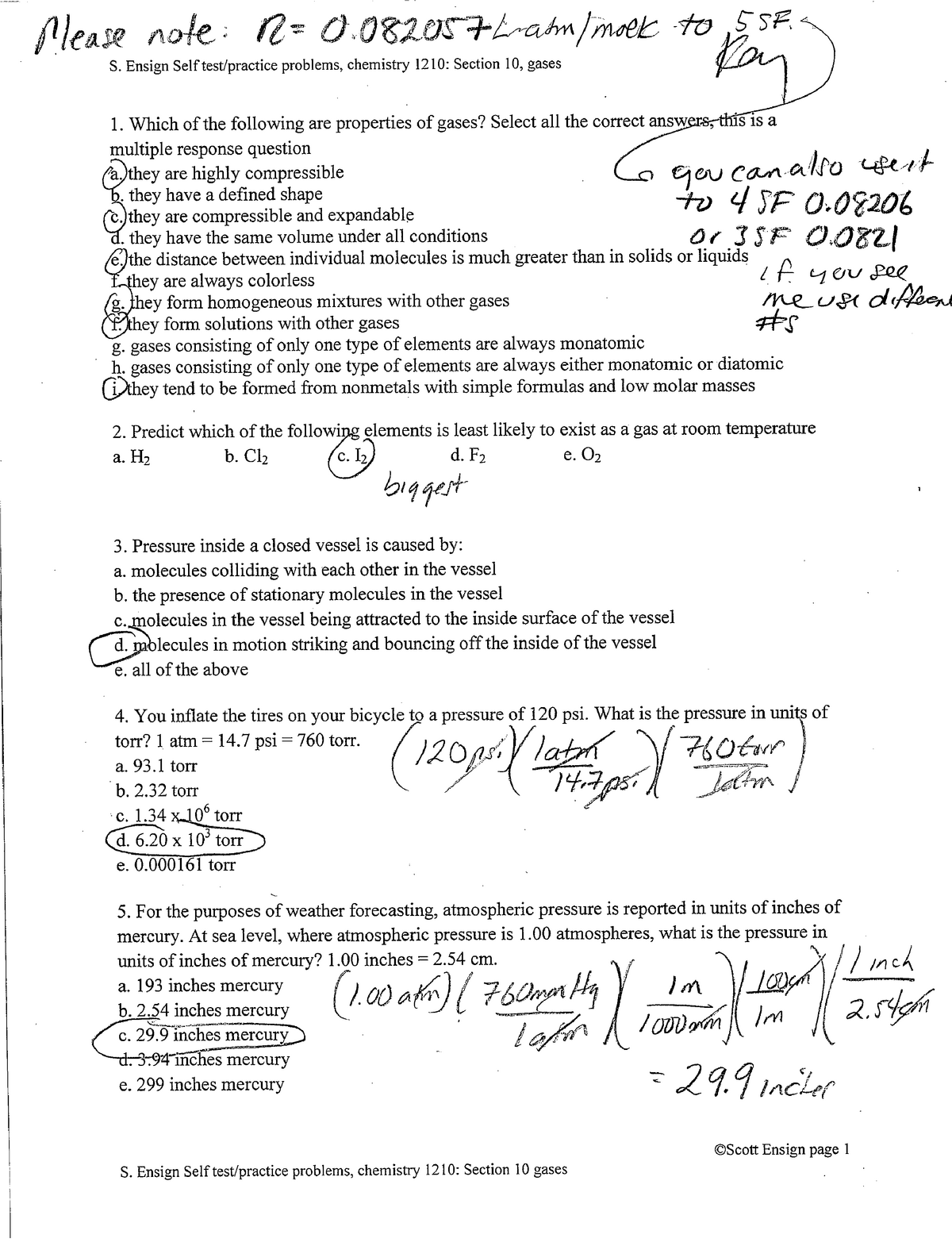 10 Gases Self Test With Answers Wit 15 S Ensign Self Problems Chemistry 1210 Section 10 4494