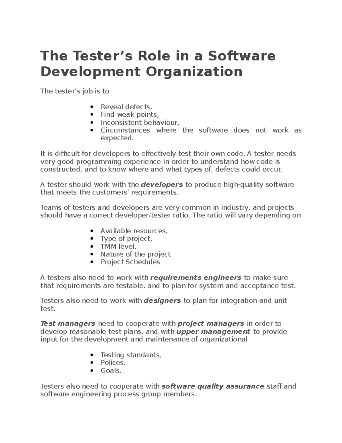 Origins of Defects - software testing - The Tester’s Role in a Software ...
