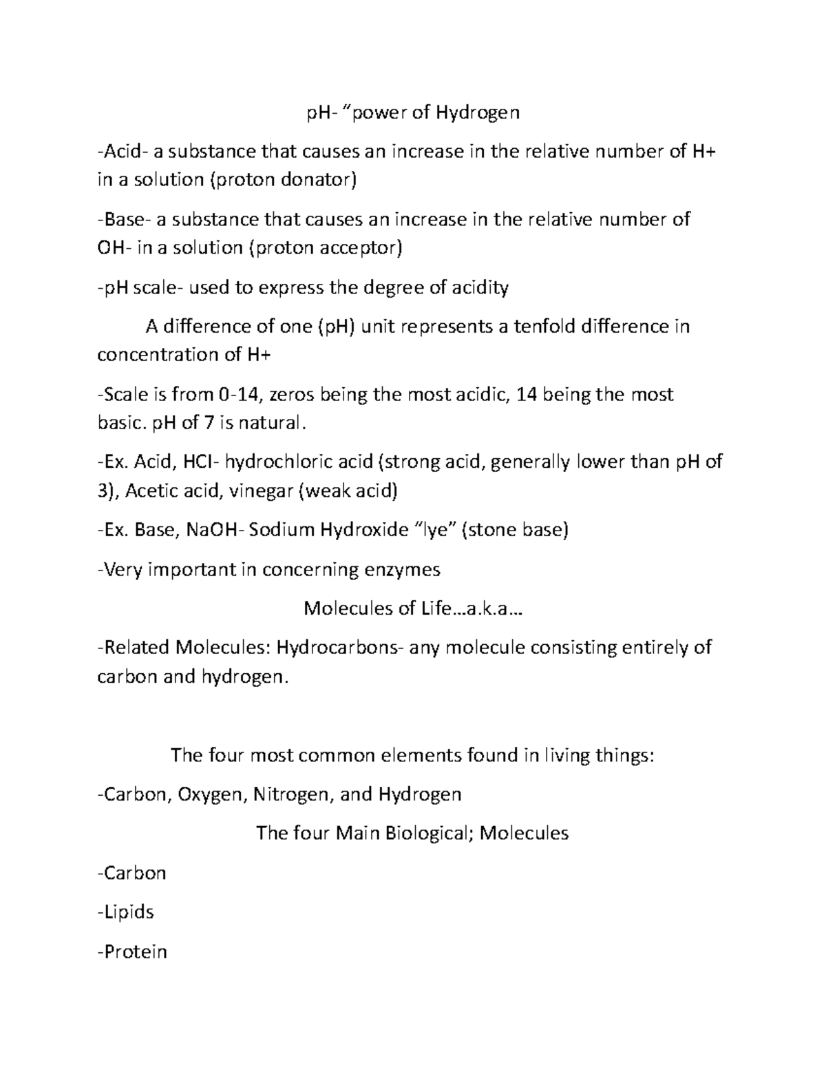 Bio 111 9 12 23 notes - pH- “power of Hydrogen -Acid- a substance that ...