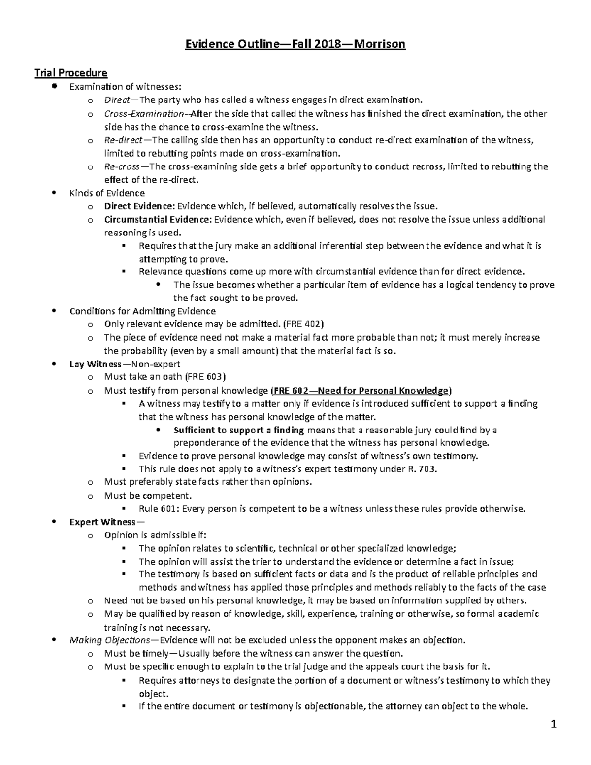 Evidence outline2018 - Trial Procedure Examination of witnesses: o ...