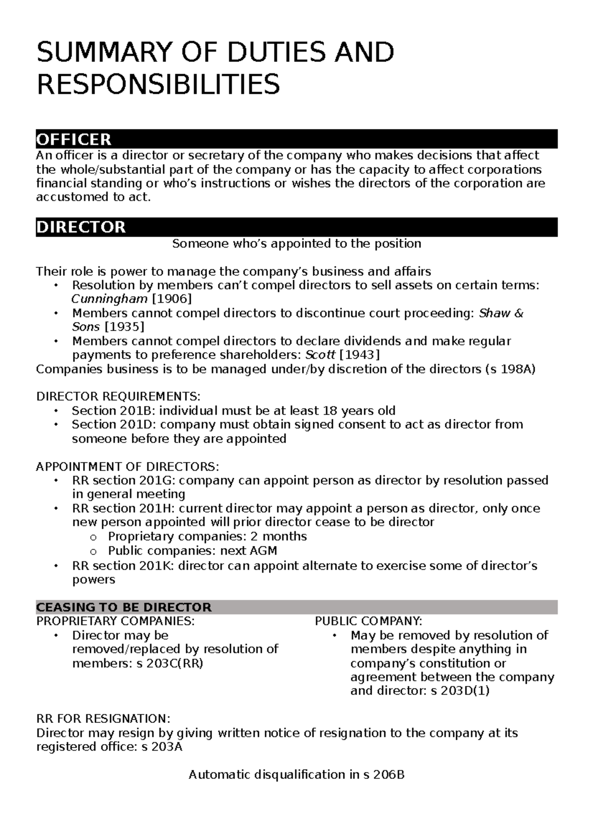 Summary of Duties and Responsibilites (Corporate Law) - SUMMARY OF ...
