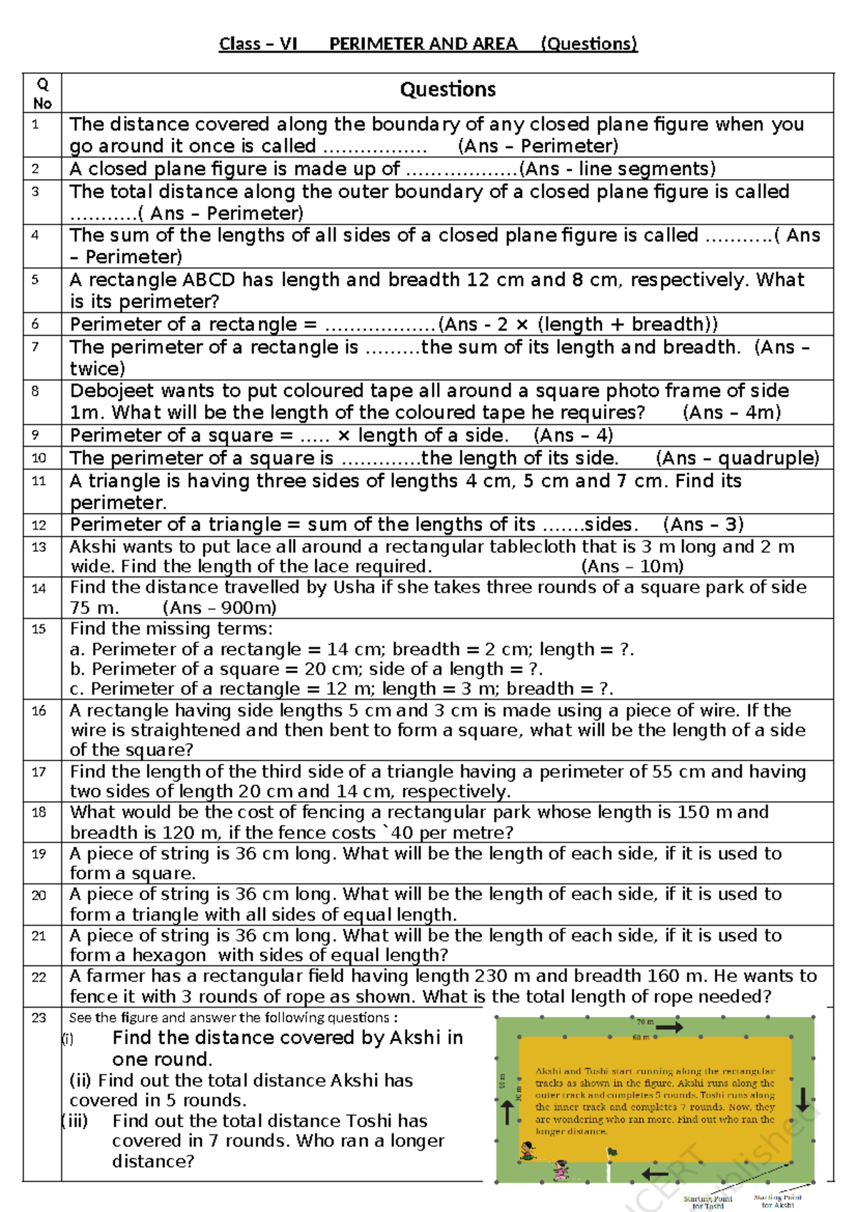 Perimeter & Area Que. Class - VI - Class – VI PERIMETER AND AREA ...