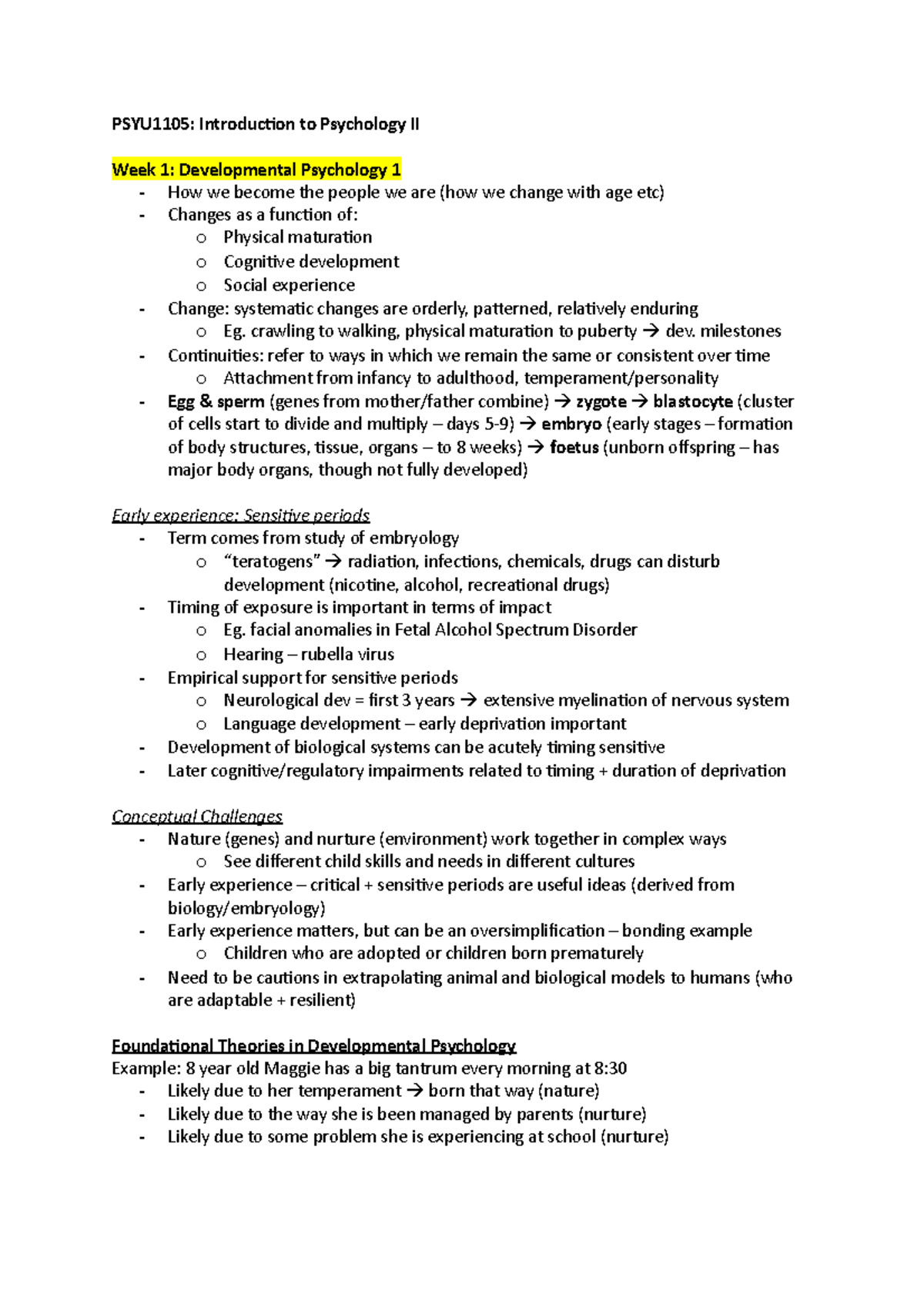 PSYU1105 notes 1-11 - PSYU1105: Introduction to Psychology II Week 1 ...
