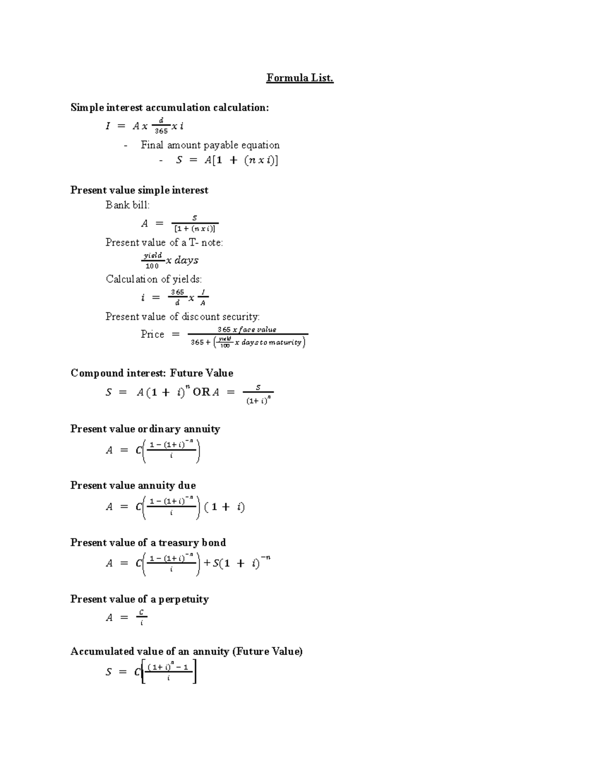 Formula LIST - FI&M - helpful for the exam - Formula List. Simple ...