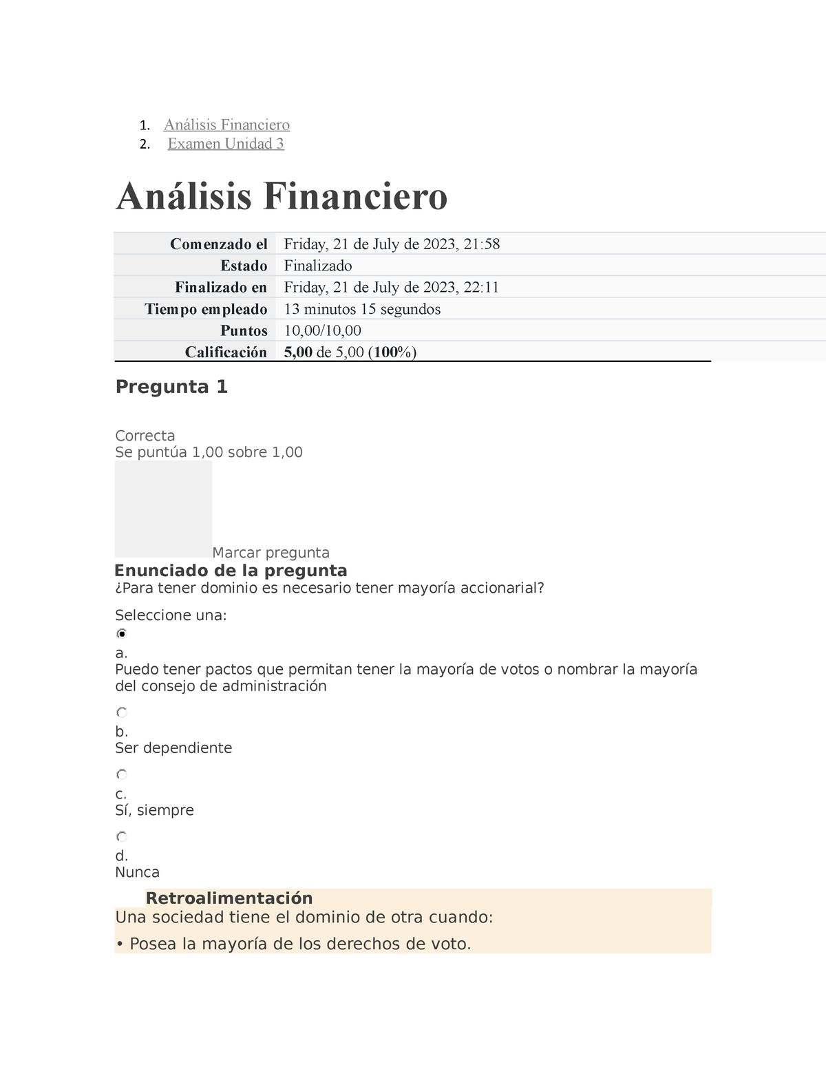 Respuestas Evaluacion Unidad 3 - 1. Análisis Financiero 2. Examen ...