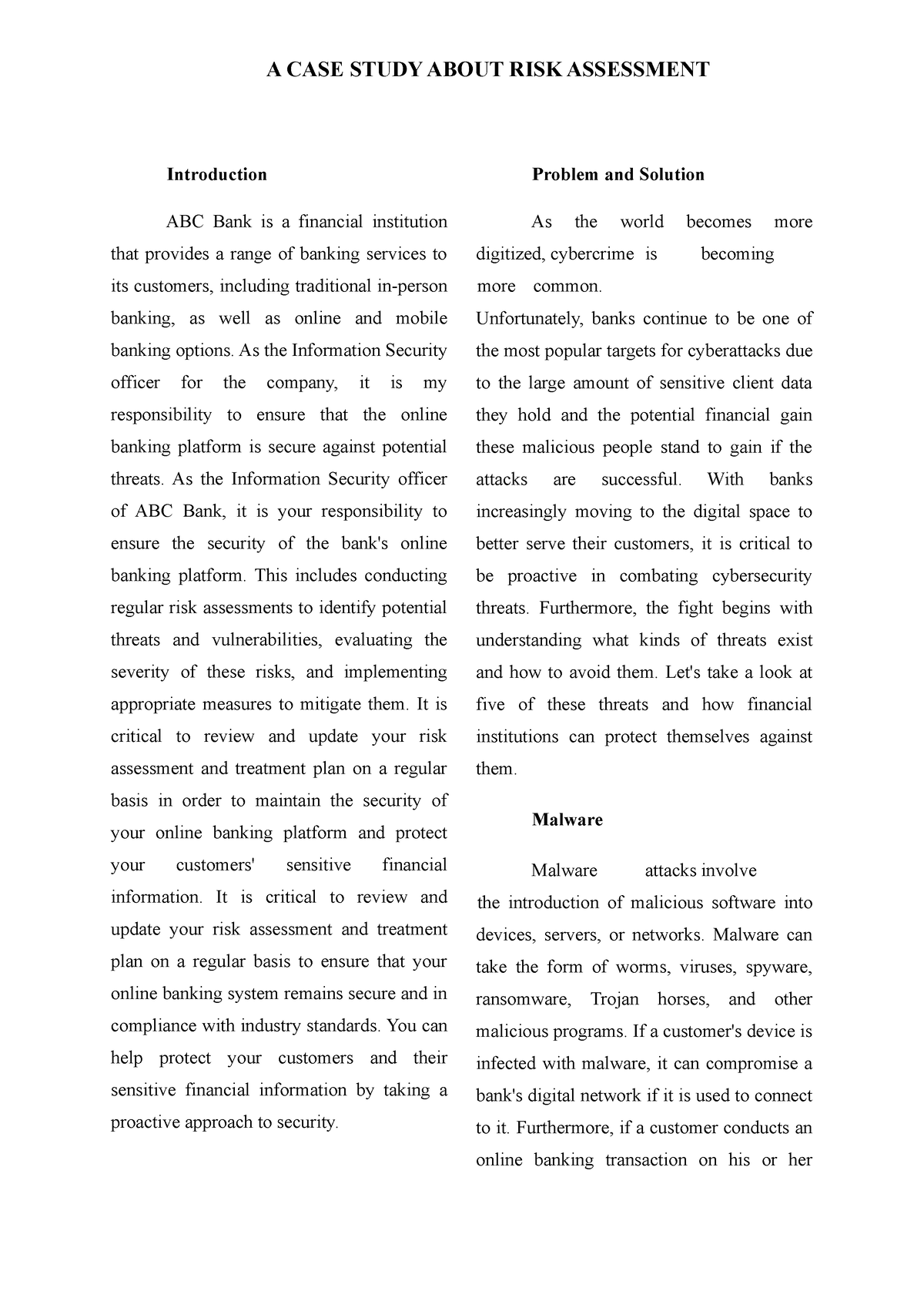 risk assessment approach case study