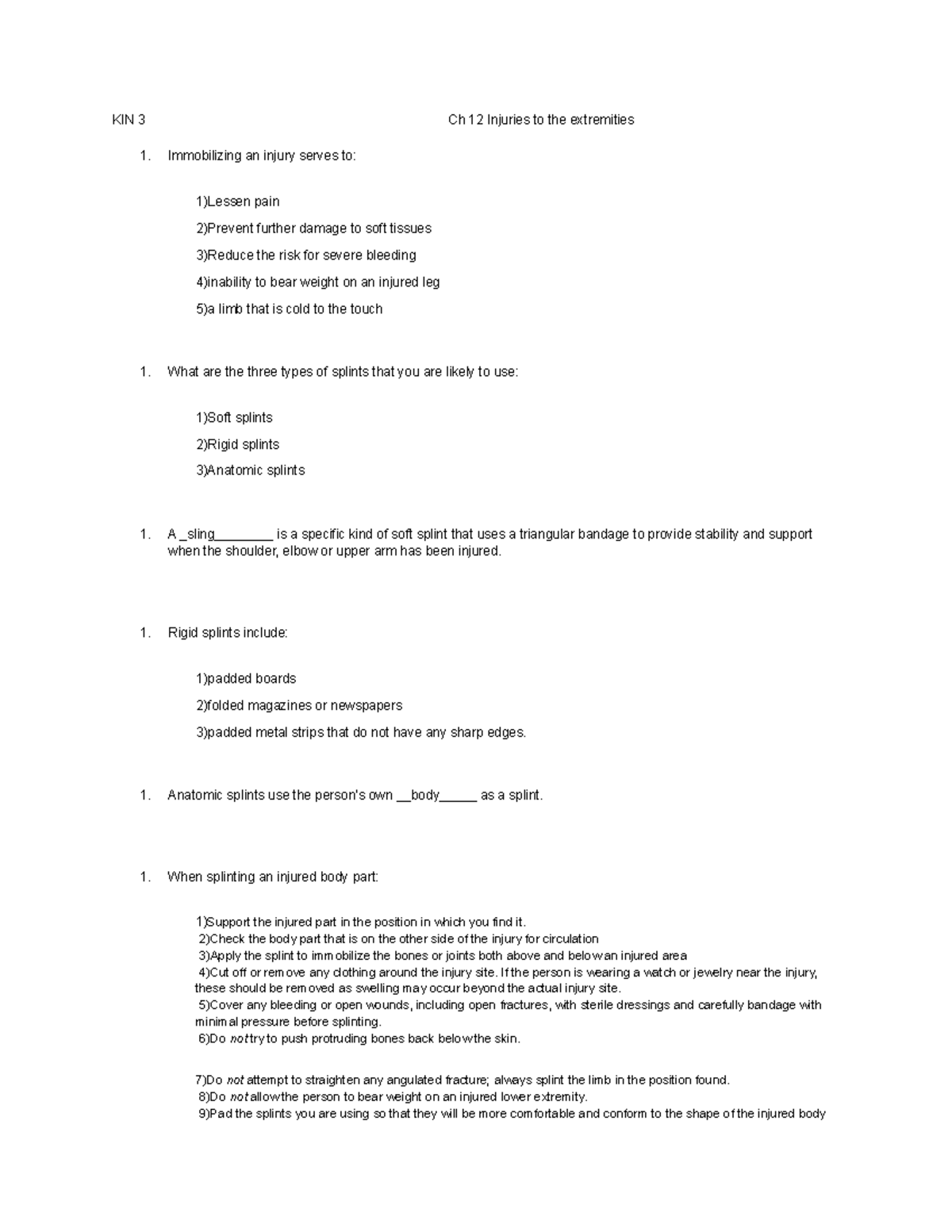 KIN 3 Ch 12 Injuries to the extremities - KIN 3 Ch 12 Injuries to the ...
