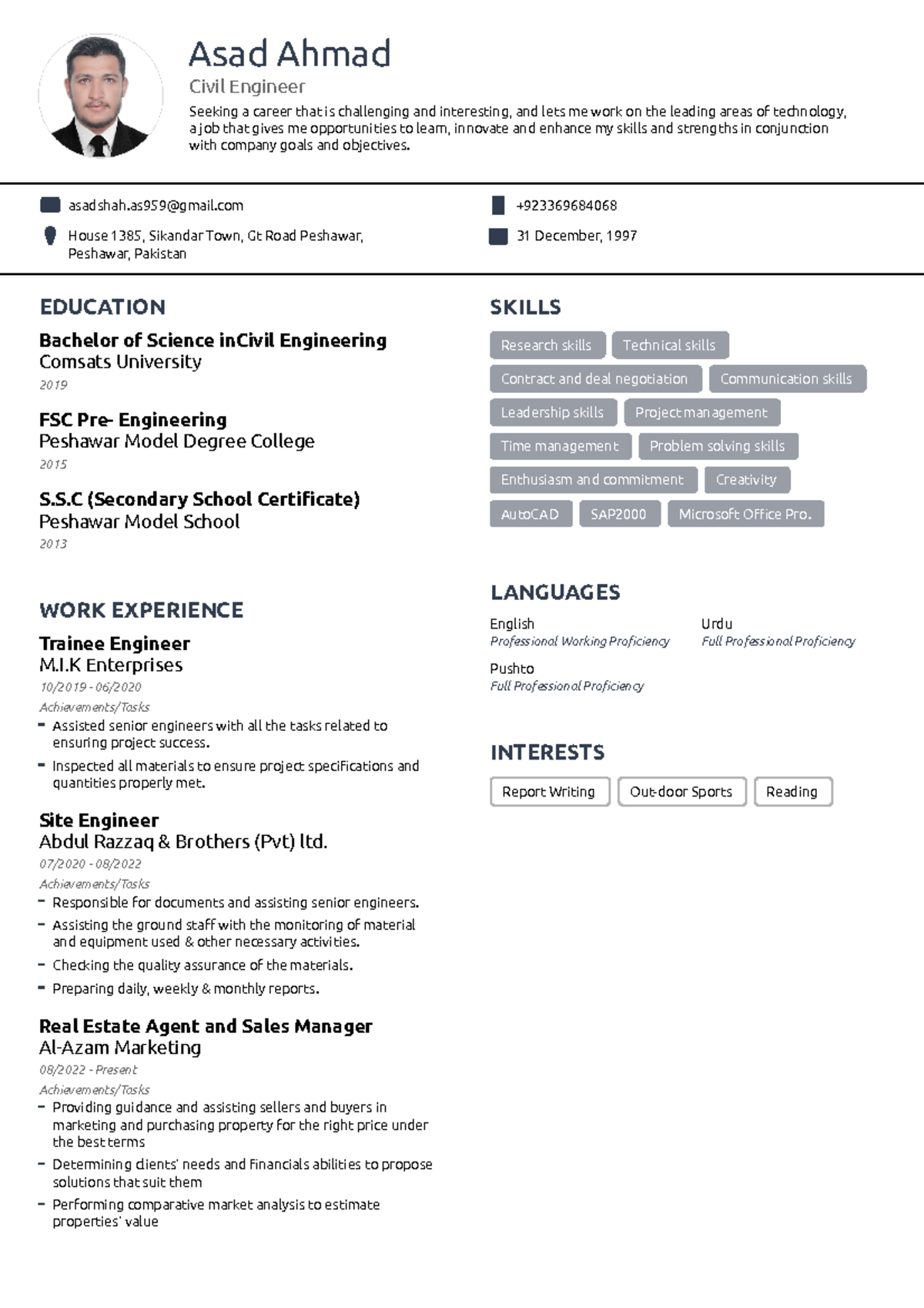 Asad's Resume - detail of myself - Asad Ahmad Civil Engineer Seeking a ...