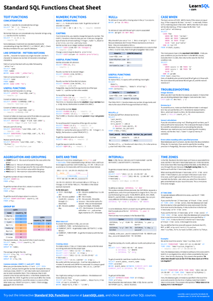 Standard SQL Functions Cheat Sheet