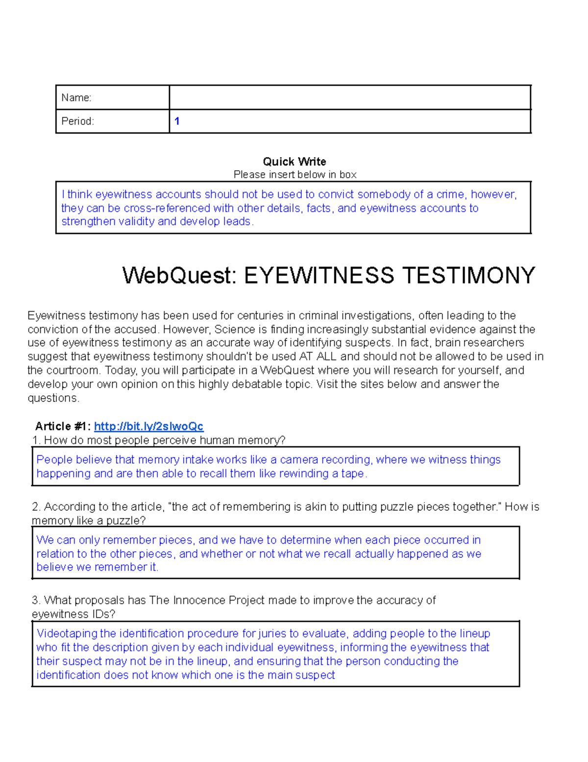 Eyewitness Testimony Webquest - Name: Period: 1 Quick Write Please insert  below in box I think - Studocu