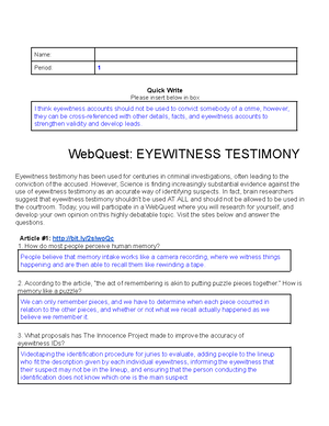 Eyewitness Testimony Webquest - Name: Period: 1 Quick Write Please insert  below in box I think - Studocu