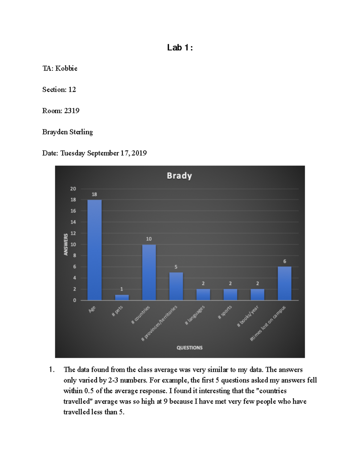 LAB 1 - Bio 102 Lab on Excel and Graphing - Lab 1: TA: Kobbie Section ...