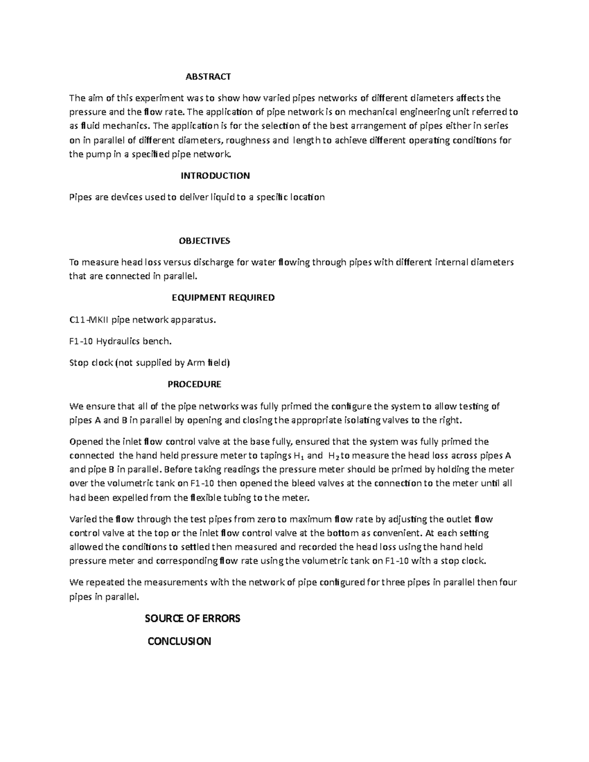 Pipe networks - pipe r - ABSTRACT The aim of this experiment was to ...