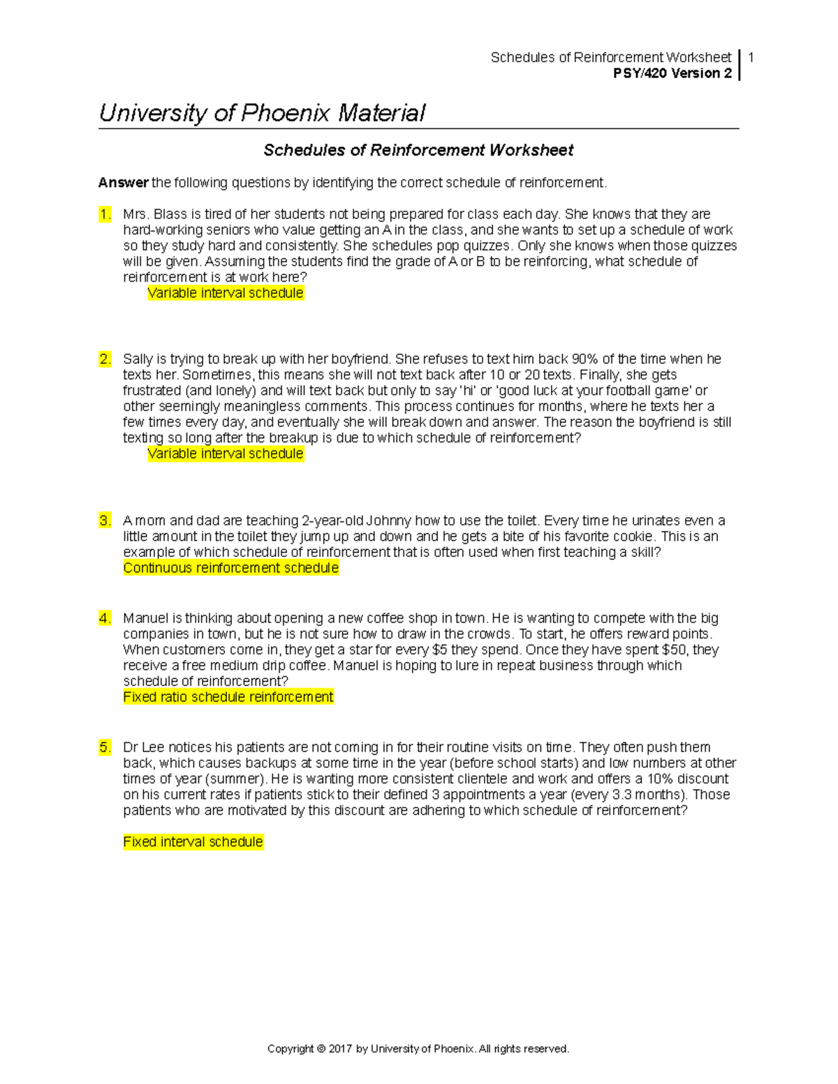 PSY420r2 schedules of reinforcement worksheet - Schedules of Reinforcement  Worksheet PSY/420 Version - Studocu