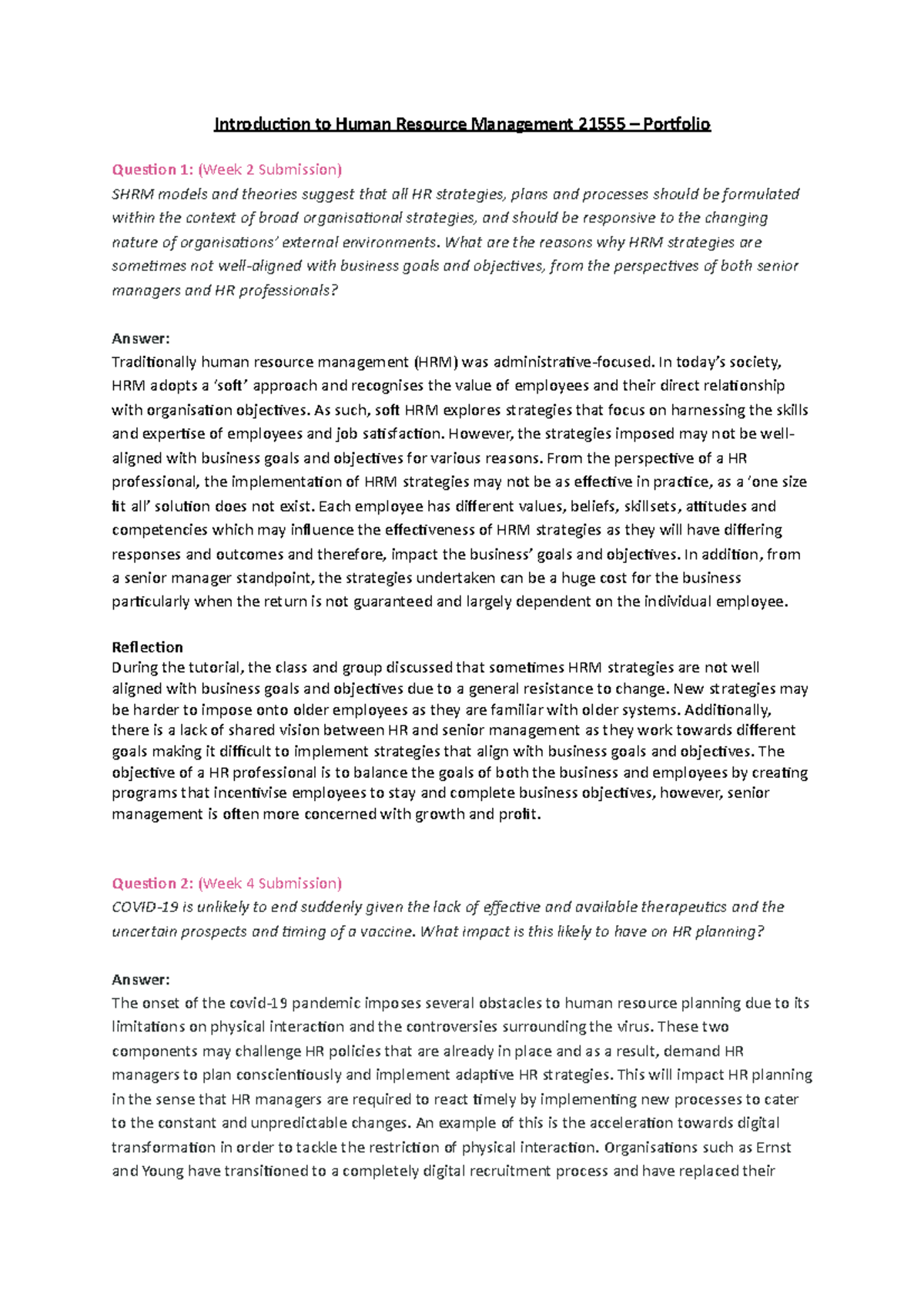 Porfolio Assessment Task Introduction To Human Resource Management 21555 Portfolio Question 1021