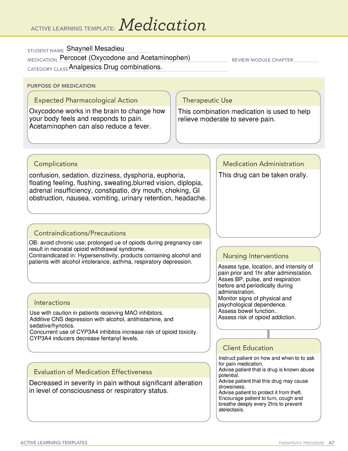 ATI learning template Percocet clinical ACTIVE LEARNING TEMPLATES