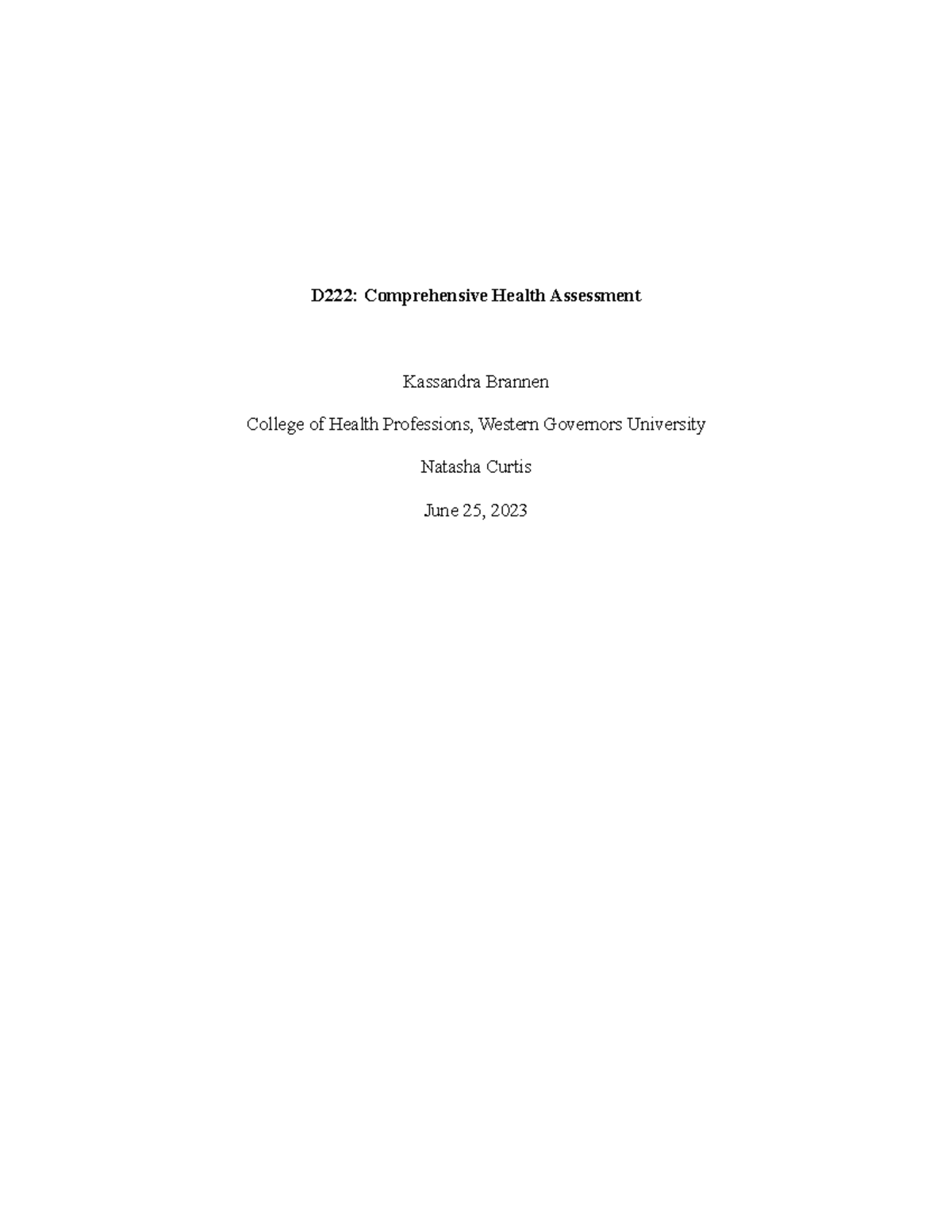 D222 Comprehensive Health Assessment. KB - D222: Comprehensive Health ...