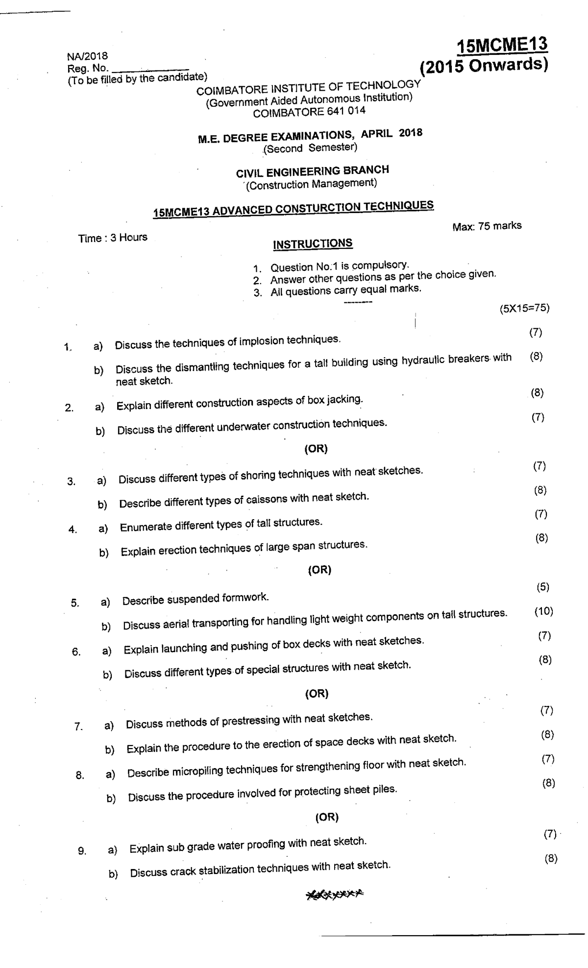 18APR 15MCM(E-13) - Question paper - Civil Engineering - Studocu