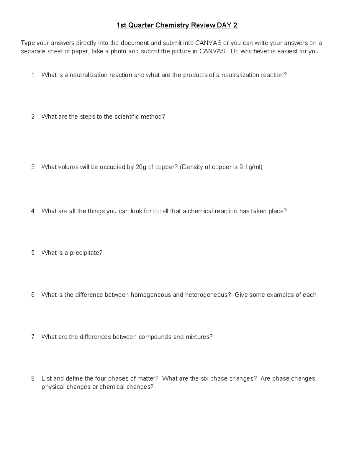 2 Chemistry Review DAY 2 - Do whichever is easiest for you. 1. What is ...