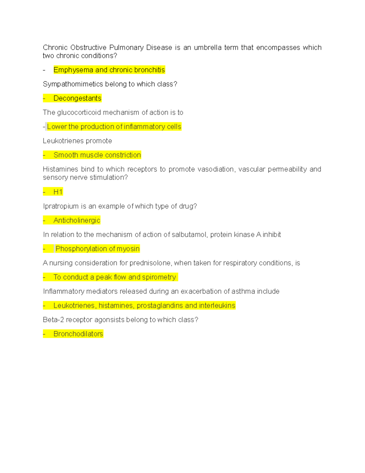 Pharma notes 1 quiz Chronic Obstructive Pulmonary Disease is an