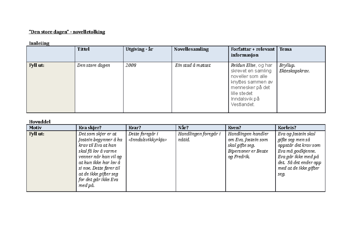 Den Store Dagen- Skriverammer - ”Den Sto Re Dagen” - Novelletolking ...