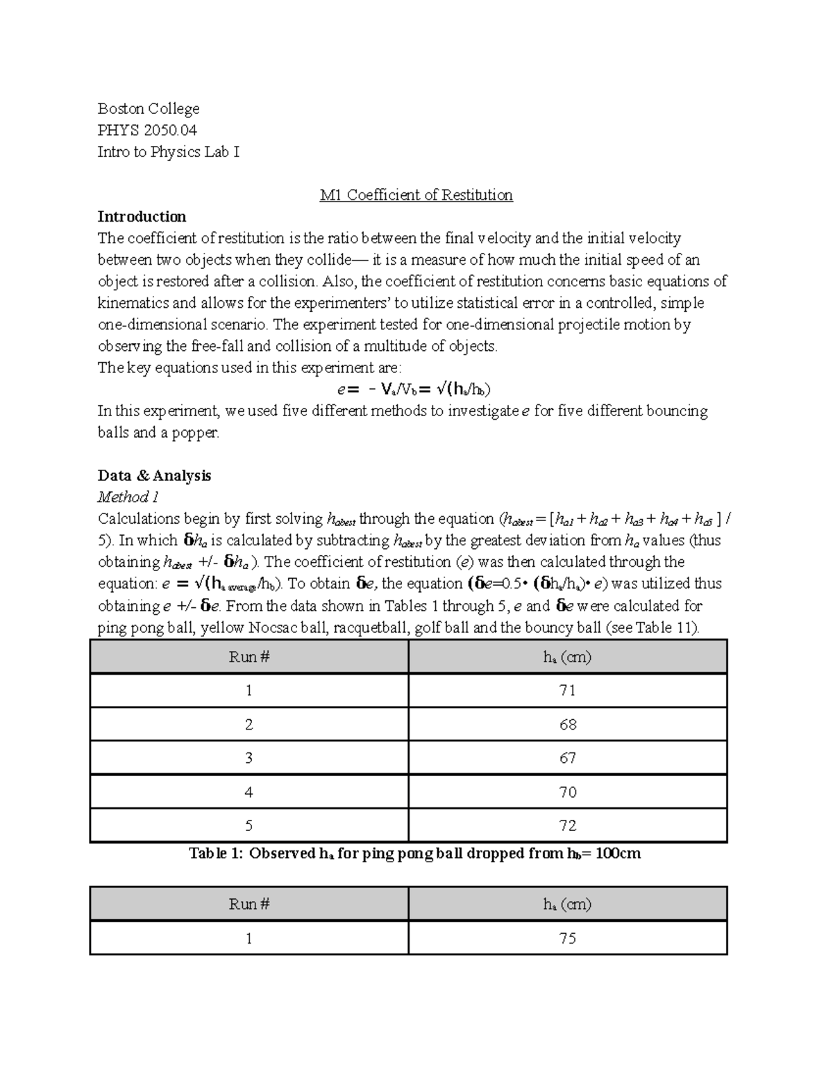 M1 Report - Boston College PHYS 2050. Intro to Physics Lab I M1 ...