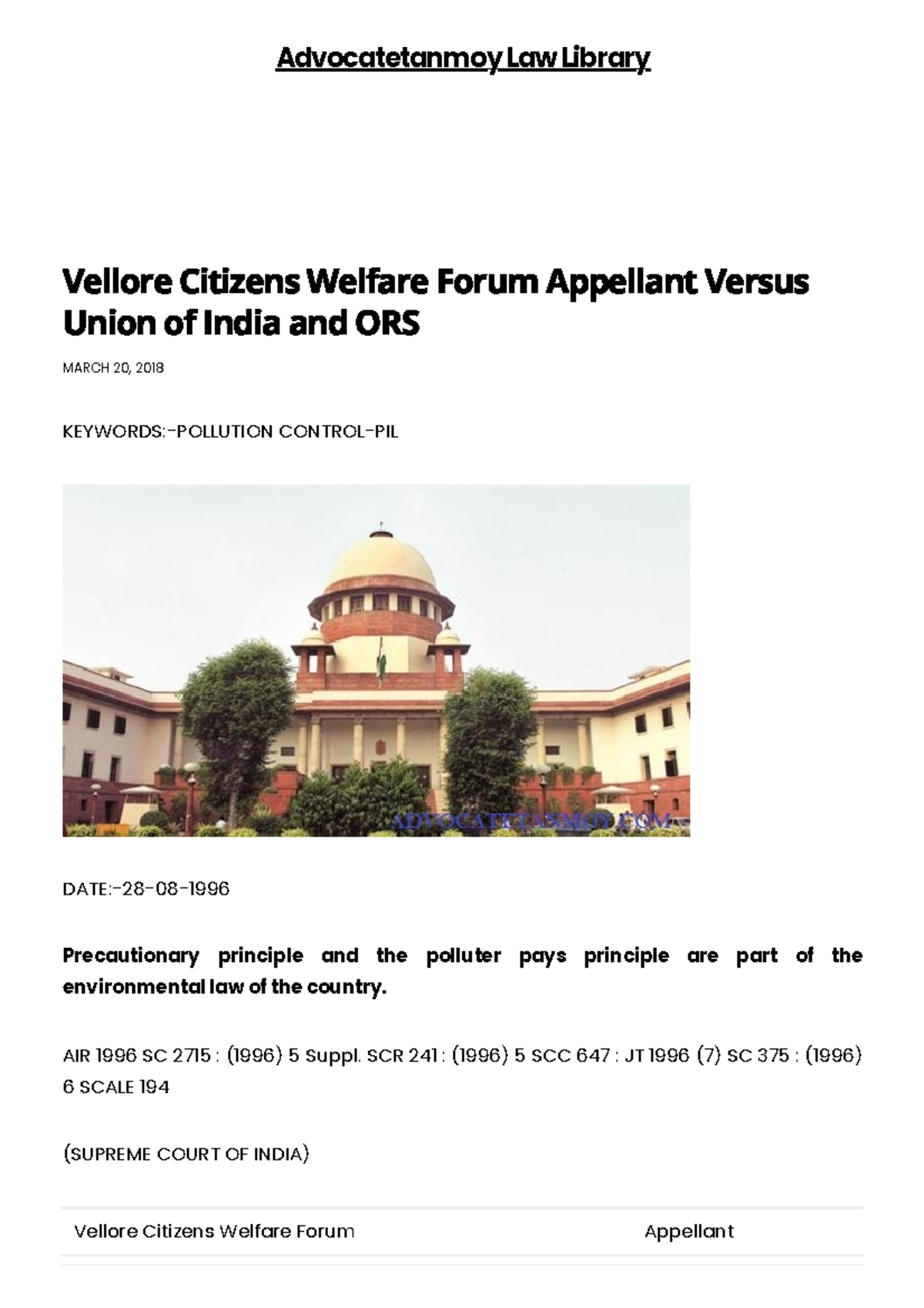 Vellore Citizens Welfare Forum Appellant Versus Union of India and ORS