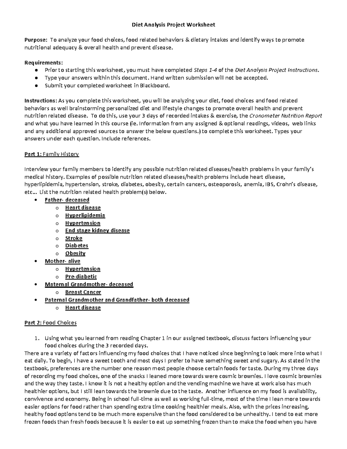 Diet Analysis Project Worksheet - Diet Analysis Project Worksheet ...