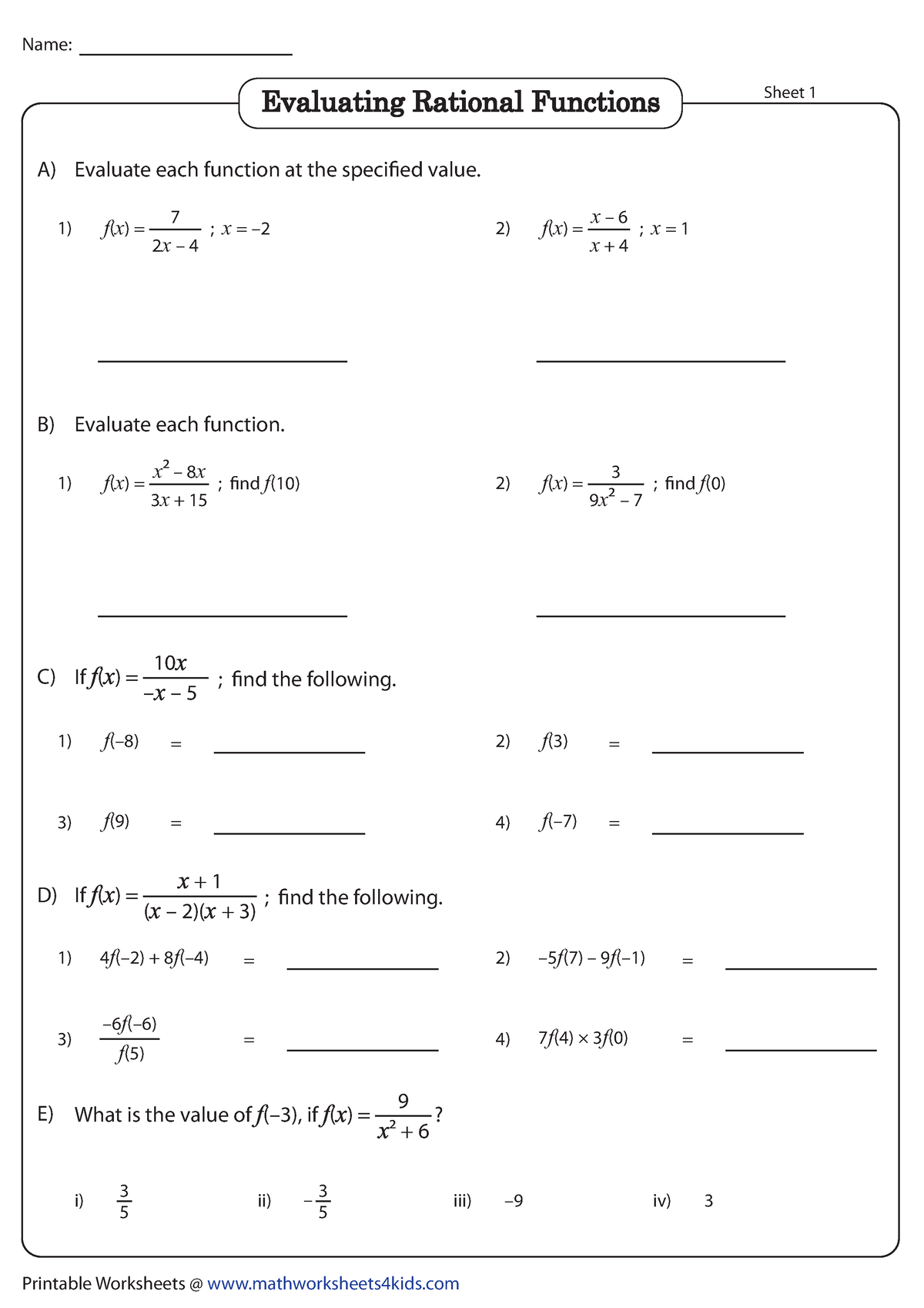 Rational Functions Worksheet - Printable Worksheets ...