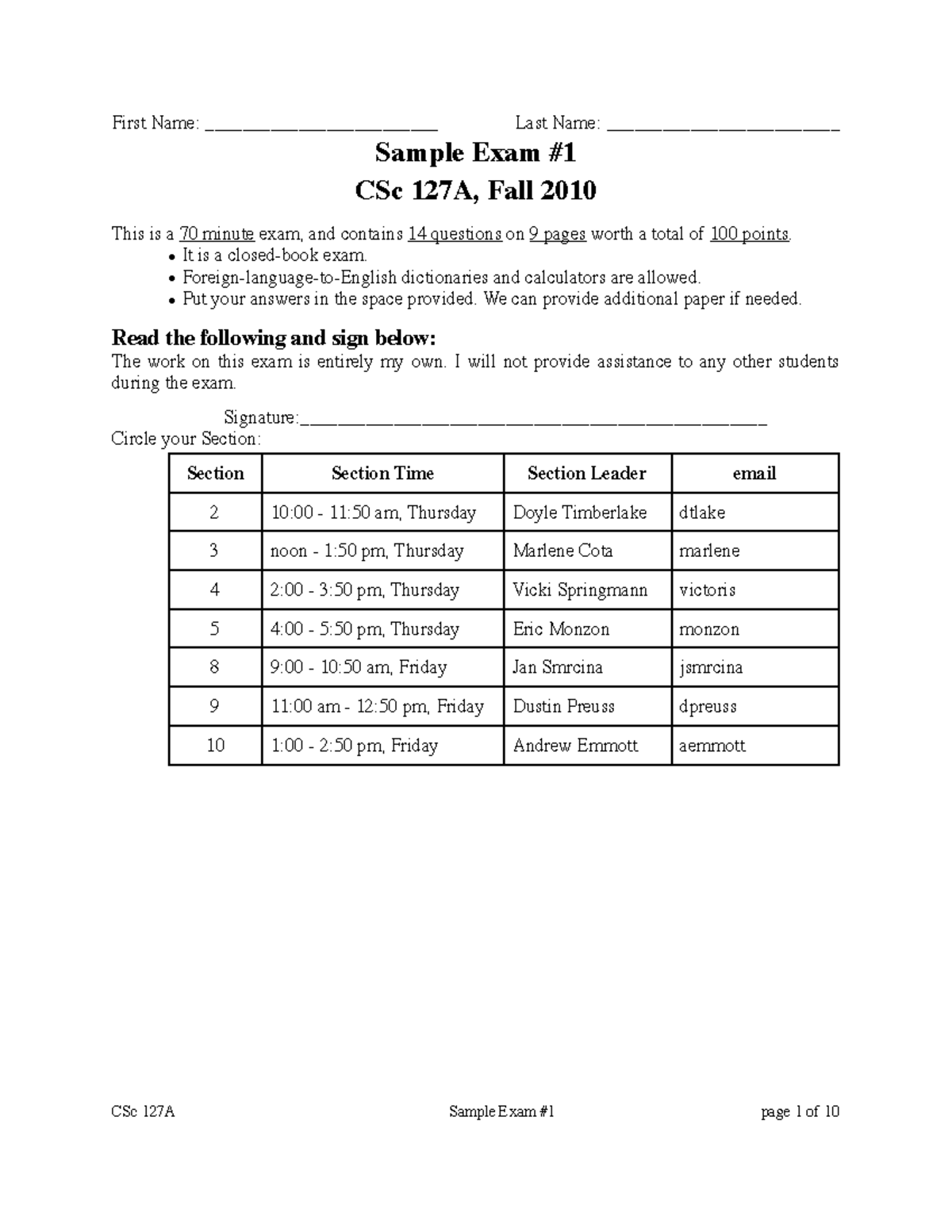Sample Exam 1 - Lab Activities for week - Sample Exam CSc 127A, Fall ...