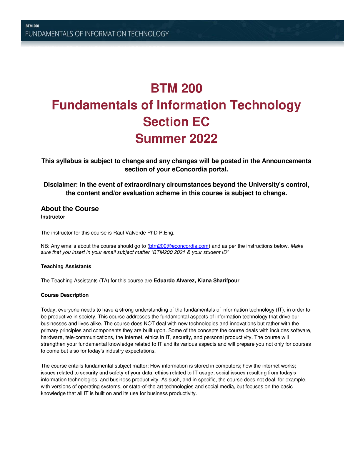 BTM course outline BTM 200 Fundamentals of Information Technology