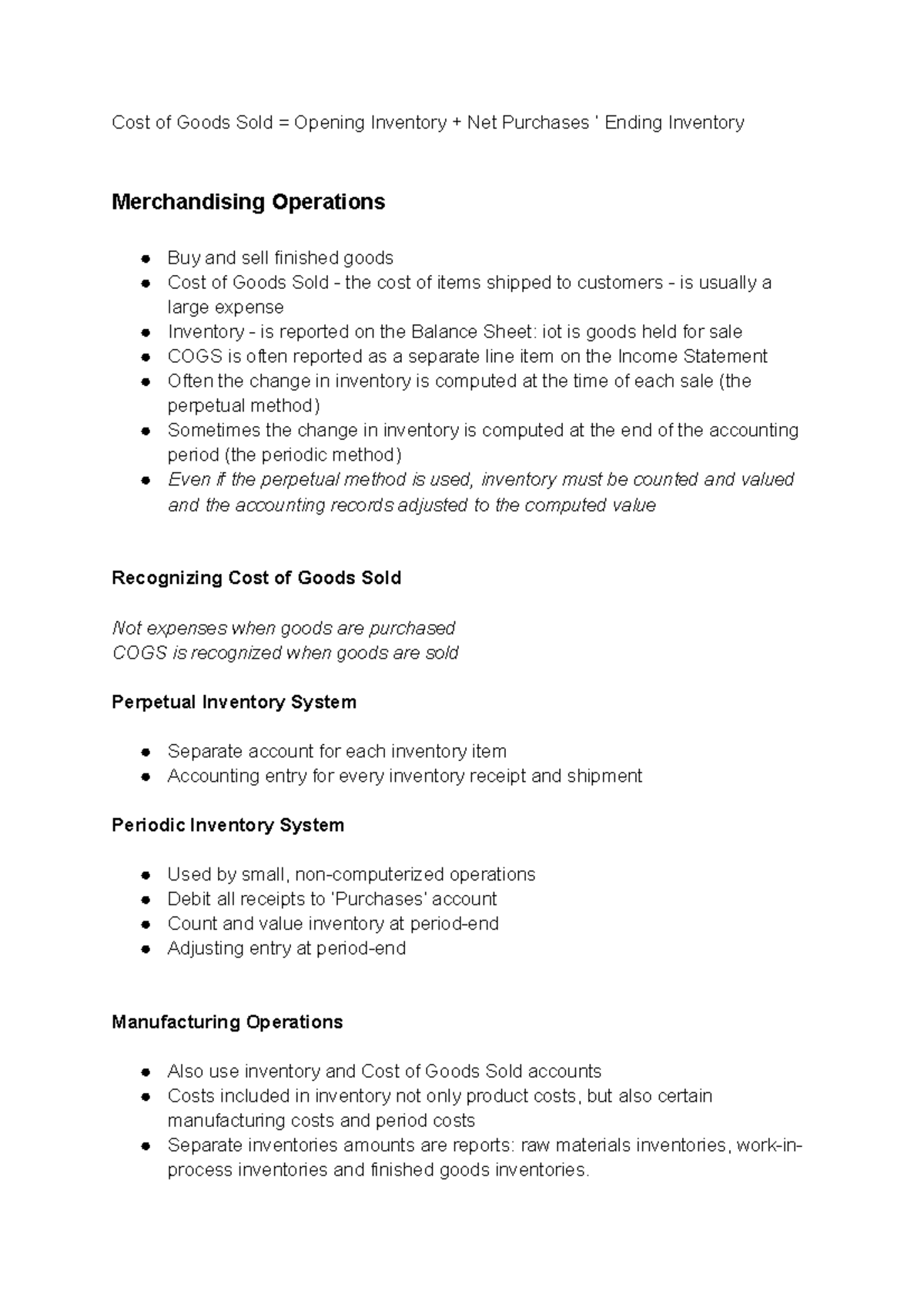Chapter 5 Merchandising Operations - Cost of Goods Sold = Opening ...