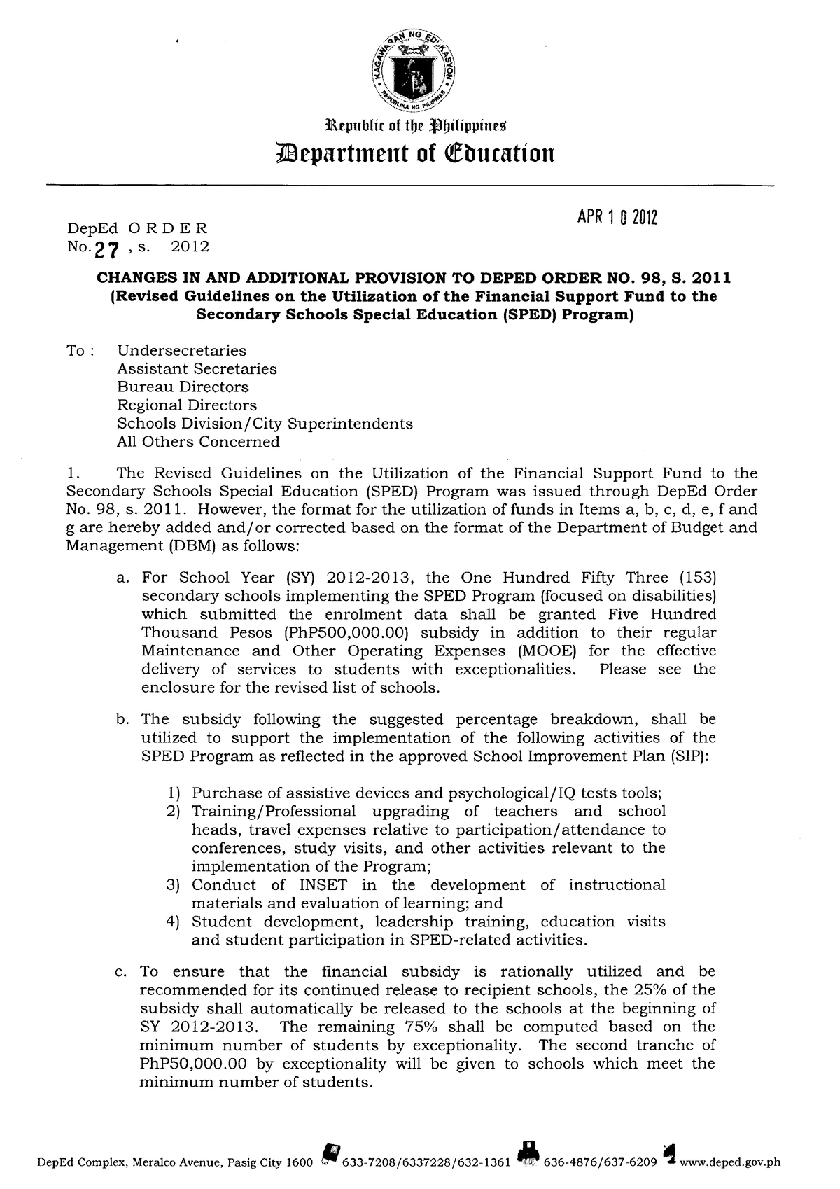 Changes IN AND Additional Provision TO Deped Order NO. 98, S. 2011 ...